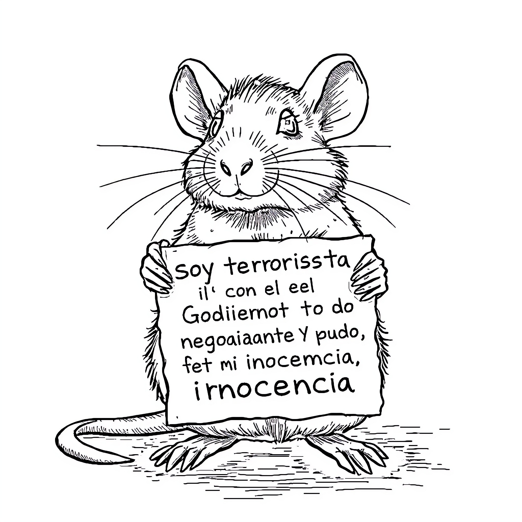 Ratón protesta con mensaje en letrero Coloring Page (free black-and-white line drawing printable PDF for all, from beginners to advanced learners, including children, teens, adults, and seniors)