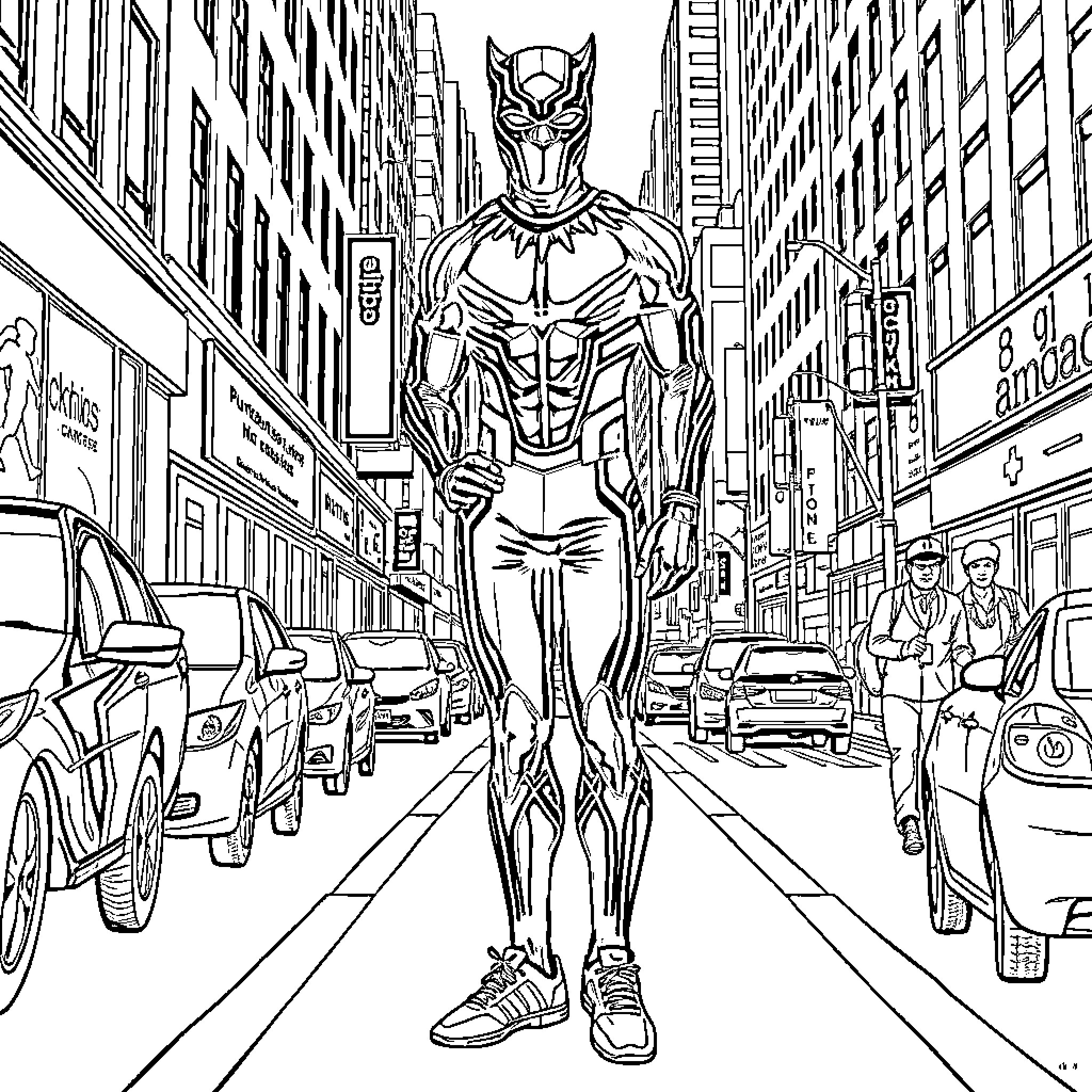 Panther Superhero Roaming the City Streets Coloring Page (free black-and-white line drawing printable PDF for all, from beginners to advanced learners, including children, teens, adults, and seniors)