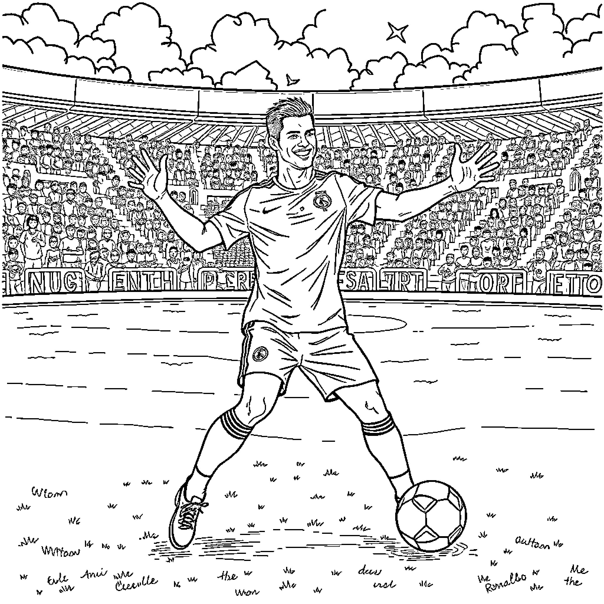 Ronaldo celebrating goal in football stadium Coloring Page (free black-and-white line drawing printable PDF for all, from beginners to advanced learners, including children, teens, adults, and seniors)