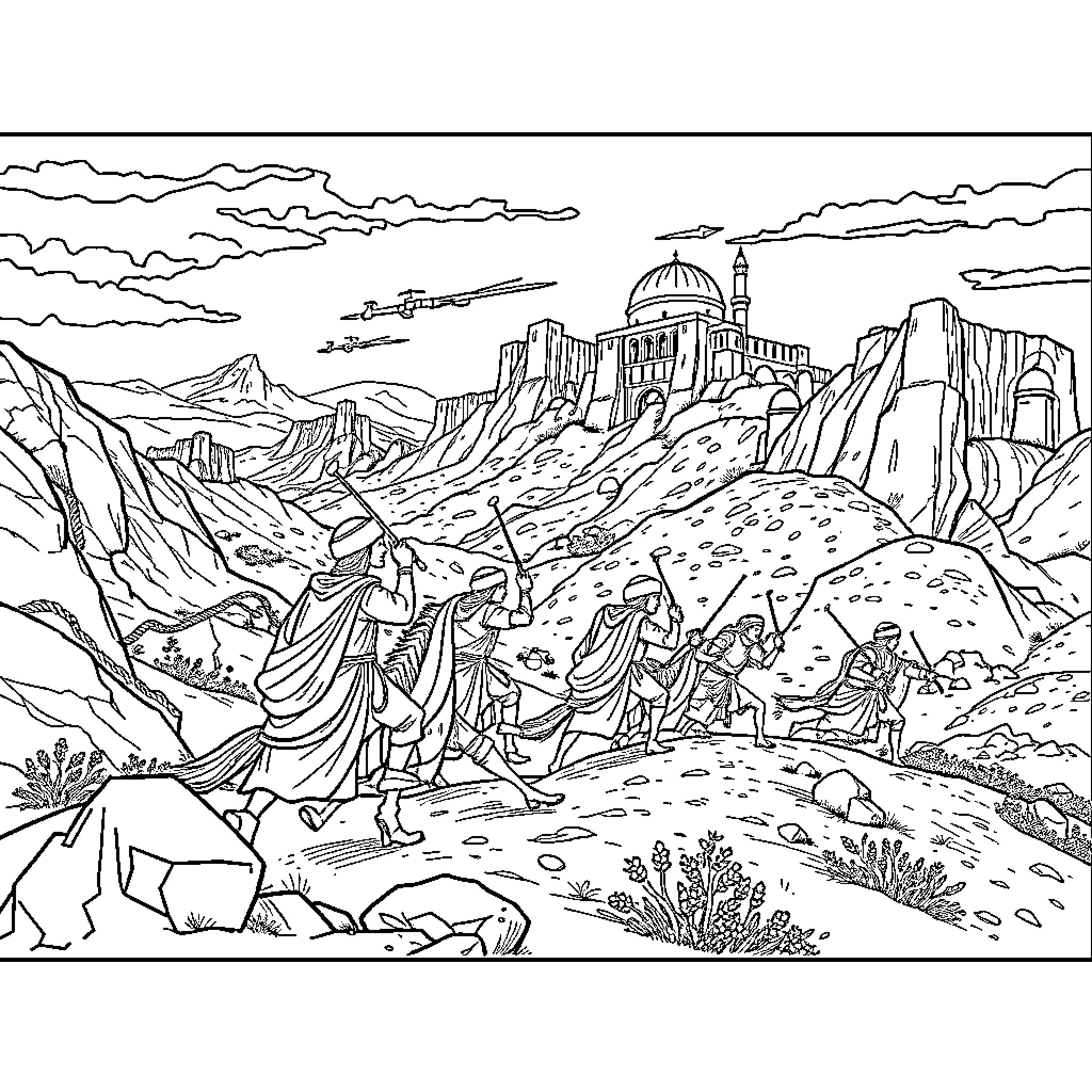 Battle of warriors amidst rugged mountain landscape Coloring Page (free black-and-white line drawing printable PDF for all, from beginners to advanced learners, including children, teens, adults, and seniors)