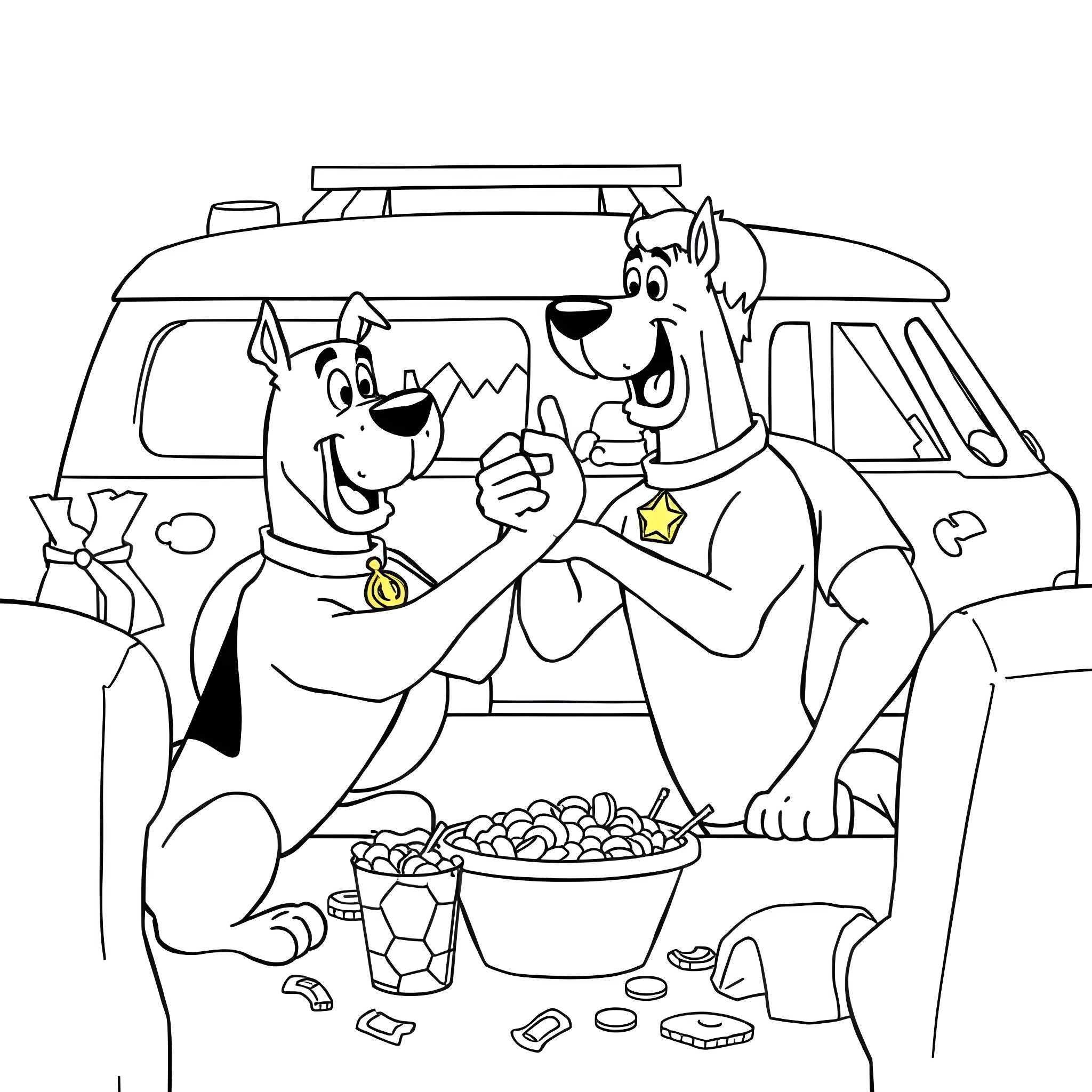 Scooby Doo and Shaggy enjoying a snack in the Mystery Machine Coloring Page (free black-and-white line drawing printable PDF for all, from beginners to advanced learners, including children, teens, adults, and seniors)