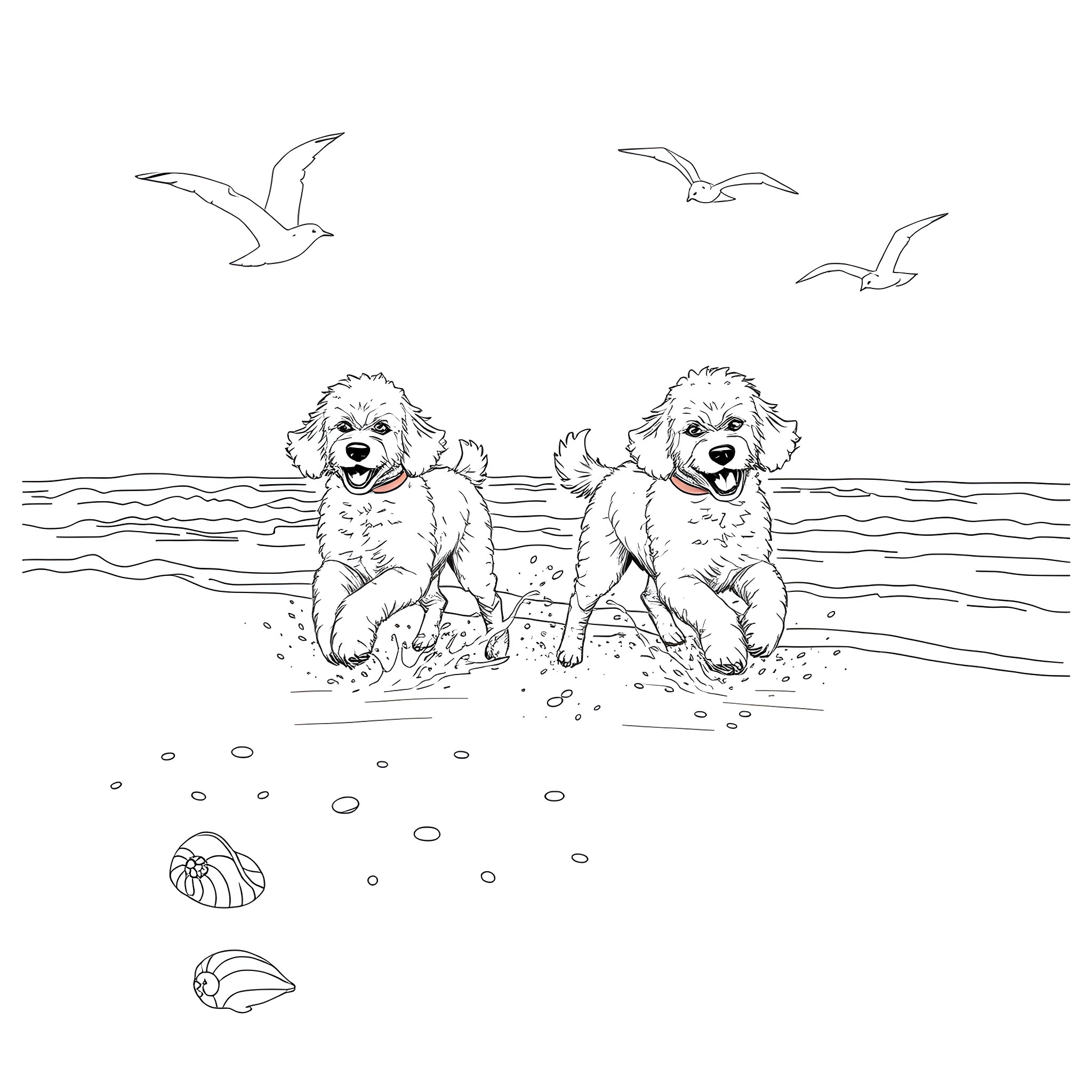 Poodles playing joyfully on the beach Coloring Page (free black-and-white line drawing printable PDF for all, from beginners to advanced learners, including children, teens, adults, and seniors)