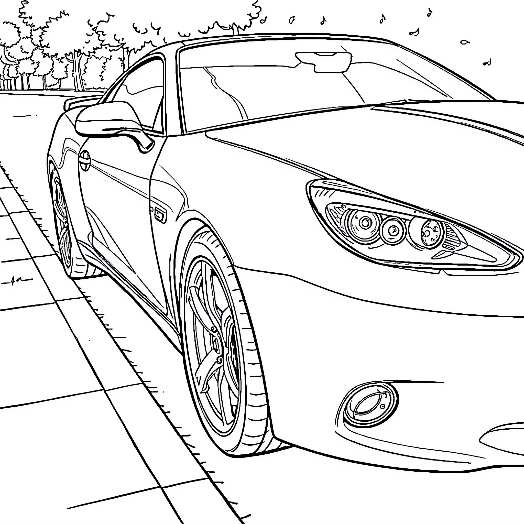 Car speeding on the road with background Coloring Page (free black-and-white line drawing printable PDF for all, from beginners to advanced learners, including children, teens, adults, and seniors)