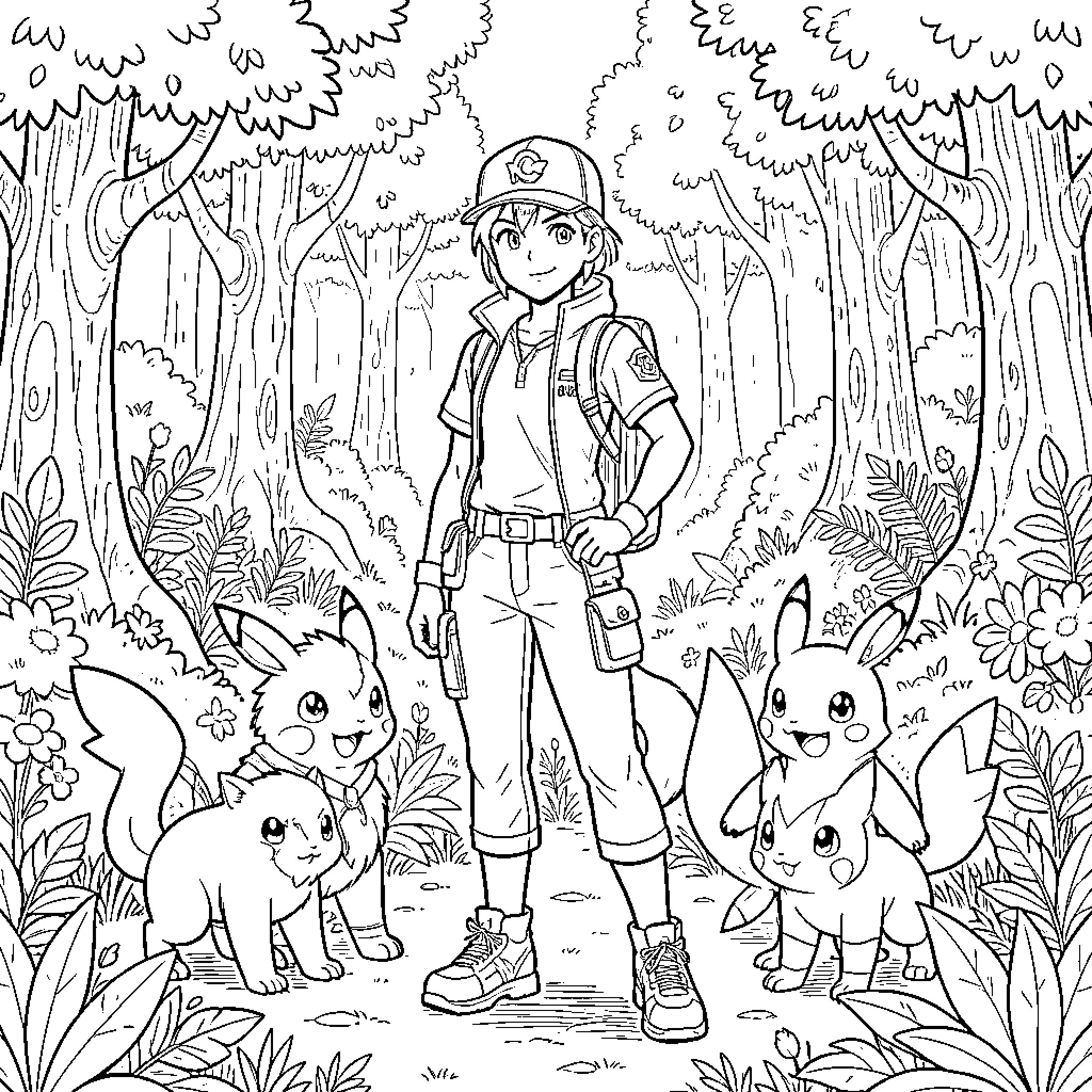 Cinthia standing in a forest with friendly creatures Coloring Page (free black-and-white line drawing printable PDF for all, from beginners to advanced learners, including children, teens, adults, and seniors)