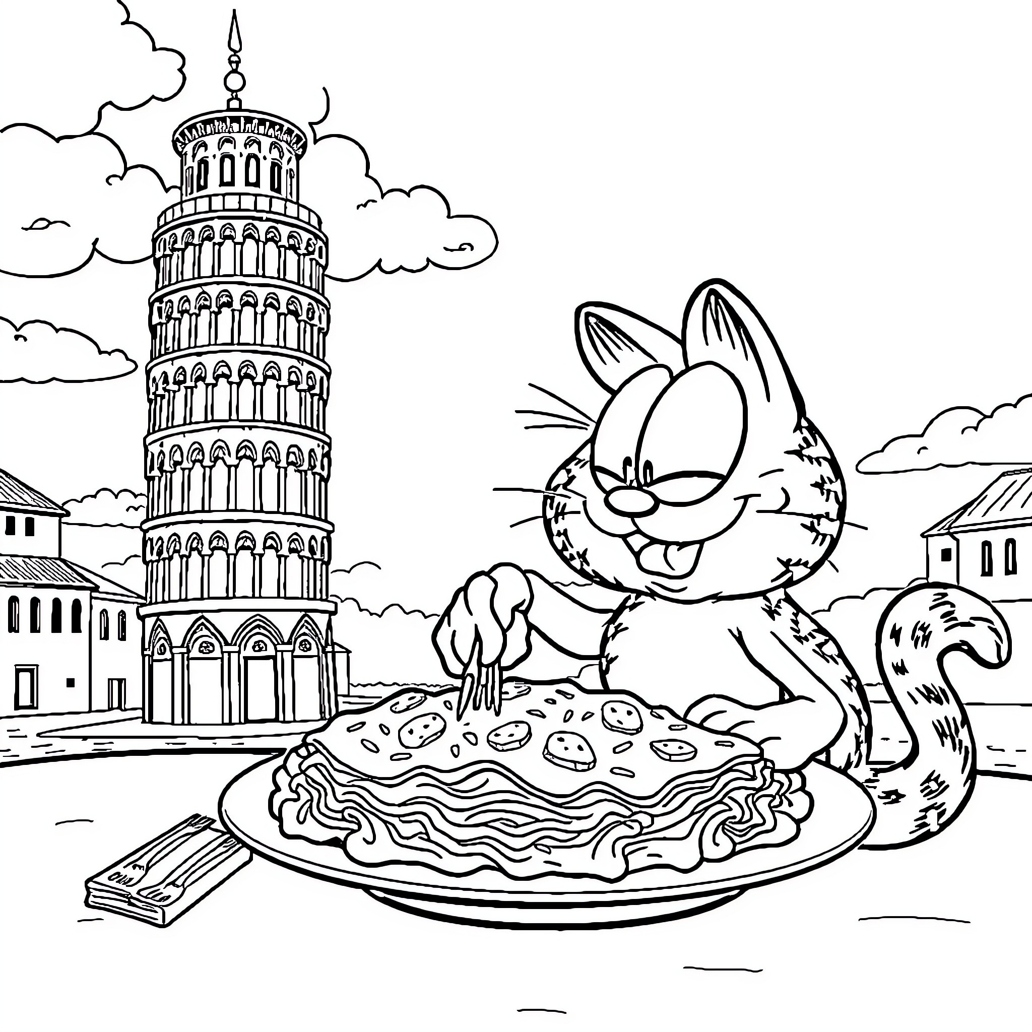 Garfield enjoys a pizza in front of the Leaning Tower Coloring Page (free black-and-white line drawing printable PDF for all, from beginners to advanced learners, including children, teens, adults, and seniors)