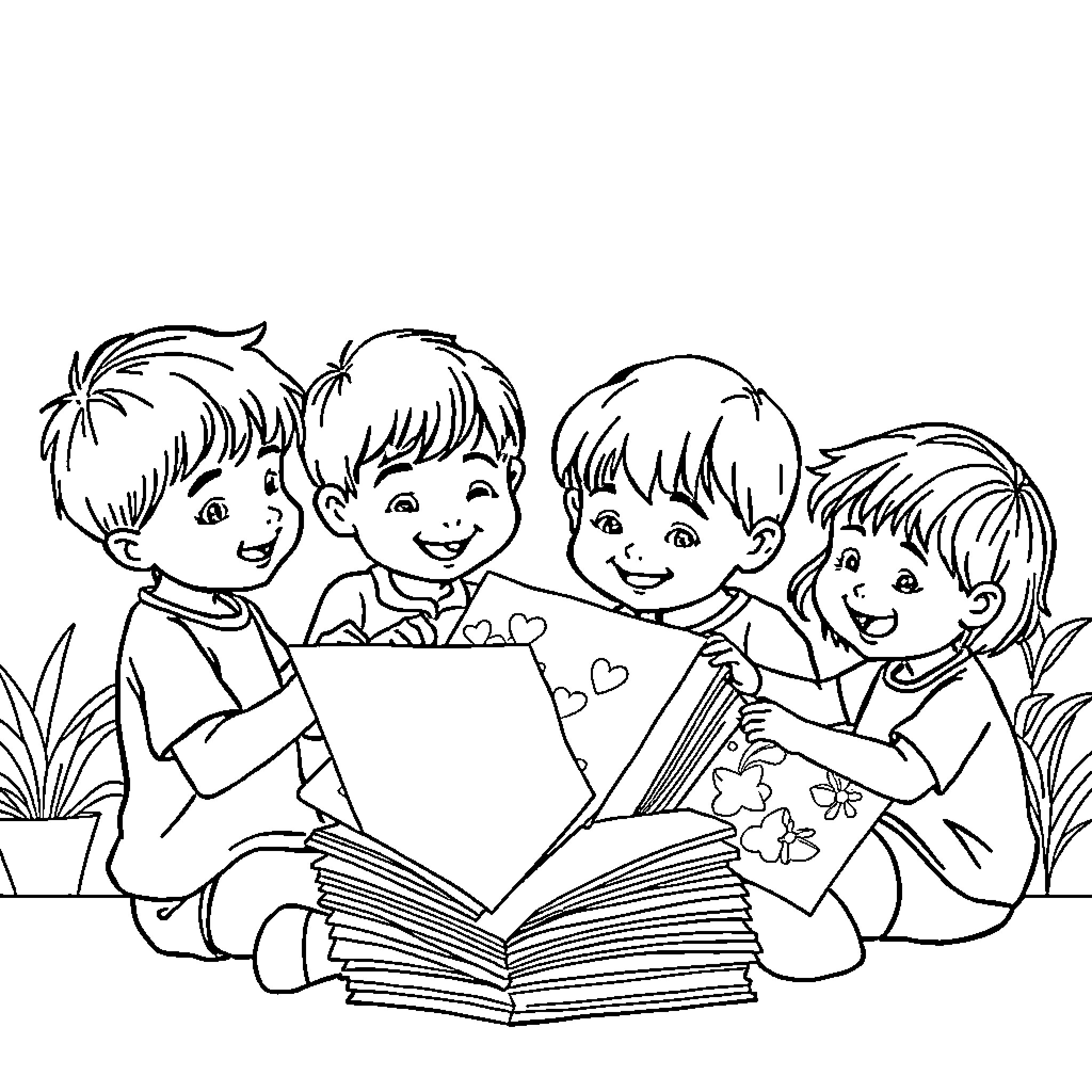Kids Exploring the Wonders of a Book Together Coloring Page (free black-and-white line drawing printable PDF for all, from beginners to advanced learners, including children, teens, adults, and seniors)