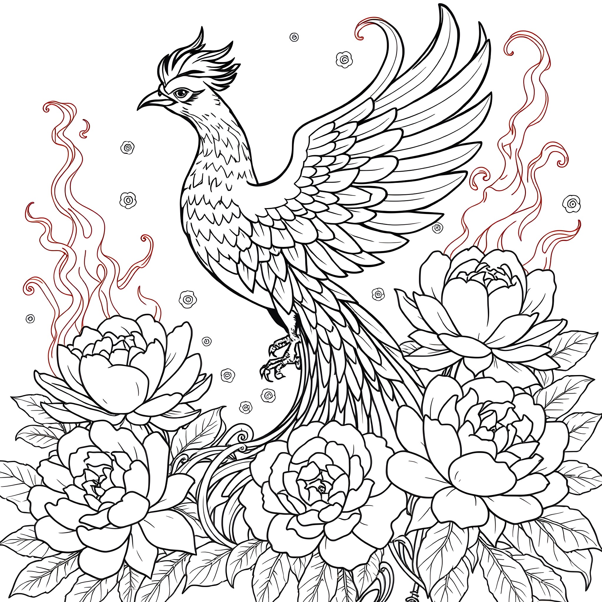 Phoenix Rising Among Blossoming Flowers Coloring Page (free black-and-white line drawing printable PDF for all, from beginners to advanced learners, including children, teens, adults, and seniors)