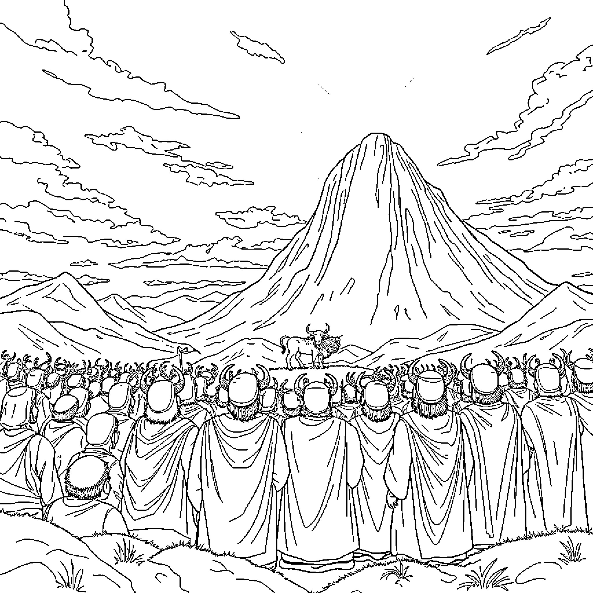 Israelites gathering in a majestic landscape Coloring Page (free black-and-white line drawing printable PDF for all, from beginners to advanced learners, including children, teens, adults, and seniors)