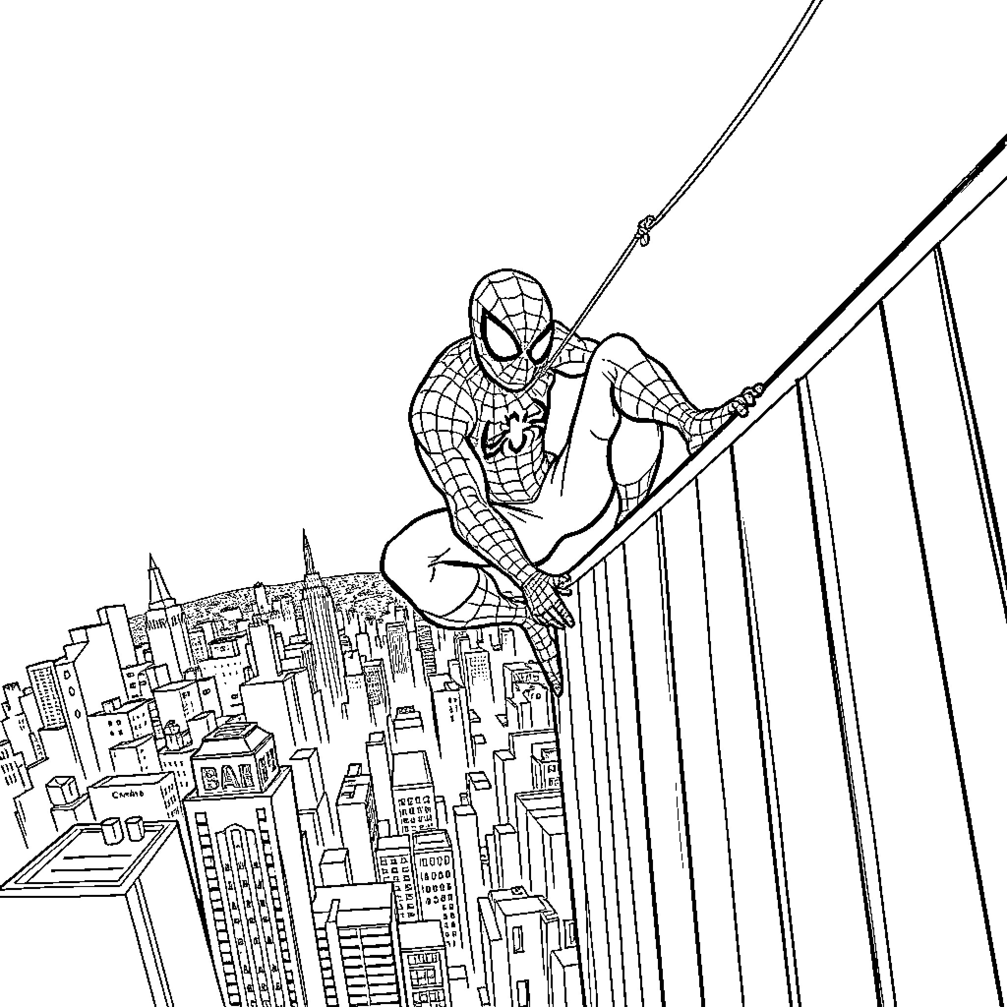 Spider-Man swinging through the city skyline Coloring Page (free black-and-white line drawing printable PDF for all, from beginners to advanced learners, including children, teens, adults, and seniors)