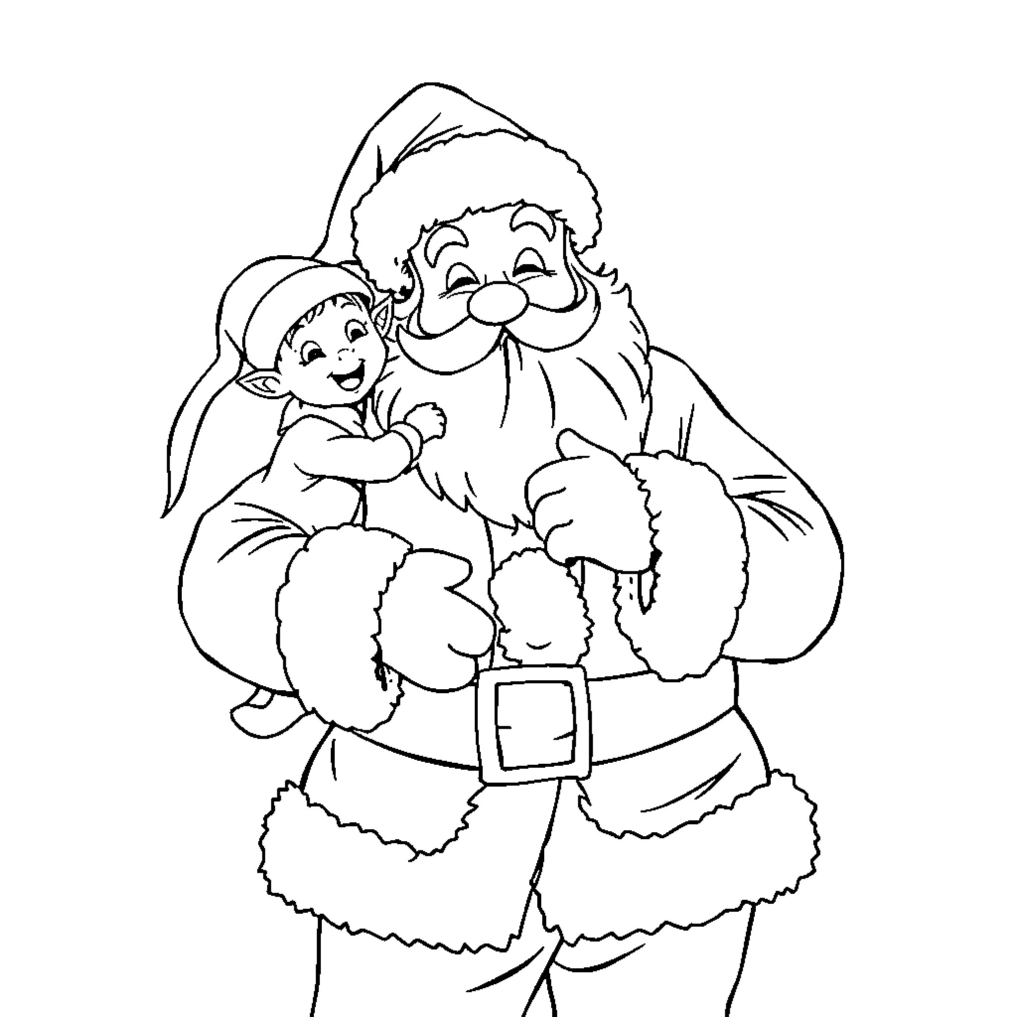 Santa sharing joyful embrace with child Coloring Page (free black-and-white line drawing printable PDF for all, from beginners to advanced learners, including children, teens, adults, and seniors)