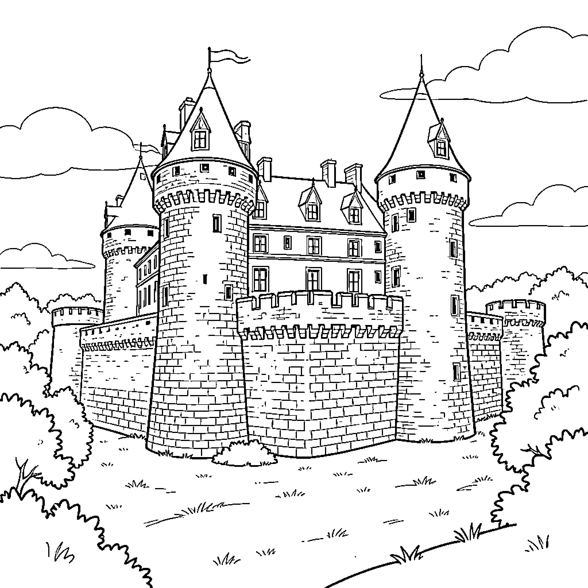 Castle standing majestically amidst lush trees and clouds Coloring Page (free black-and-white line drawing printable PDF for all, from beginners to advanced learners, including children, teens, adults, and seniors)