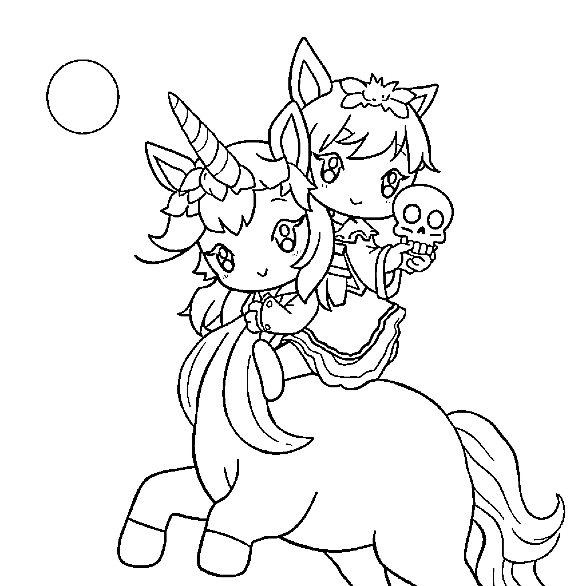 Kuromi's Whimsical Unicorn Adventure Coloring Page (free black-and-white line drawing printable PDF for all, from beginners to advanced learners, including children, teens, adults, and seniors)