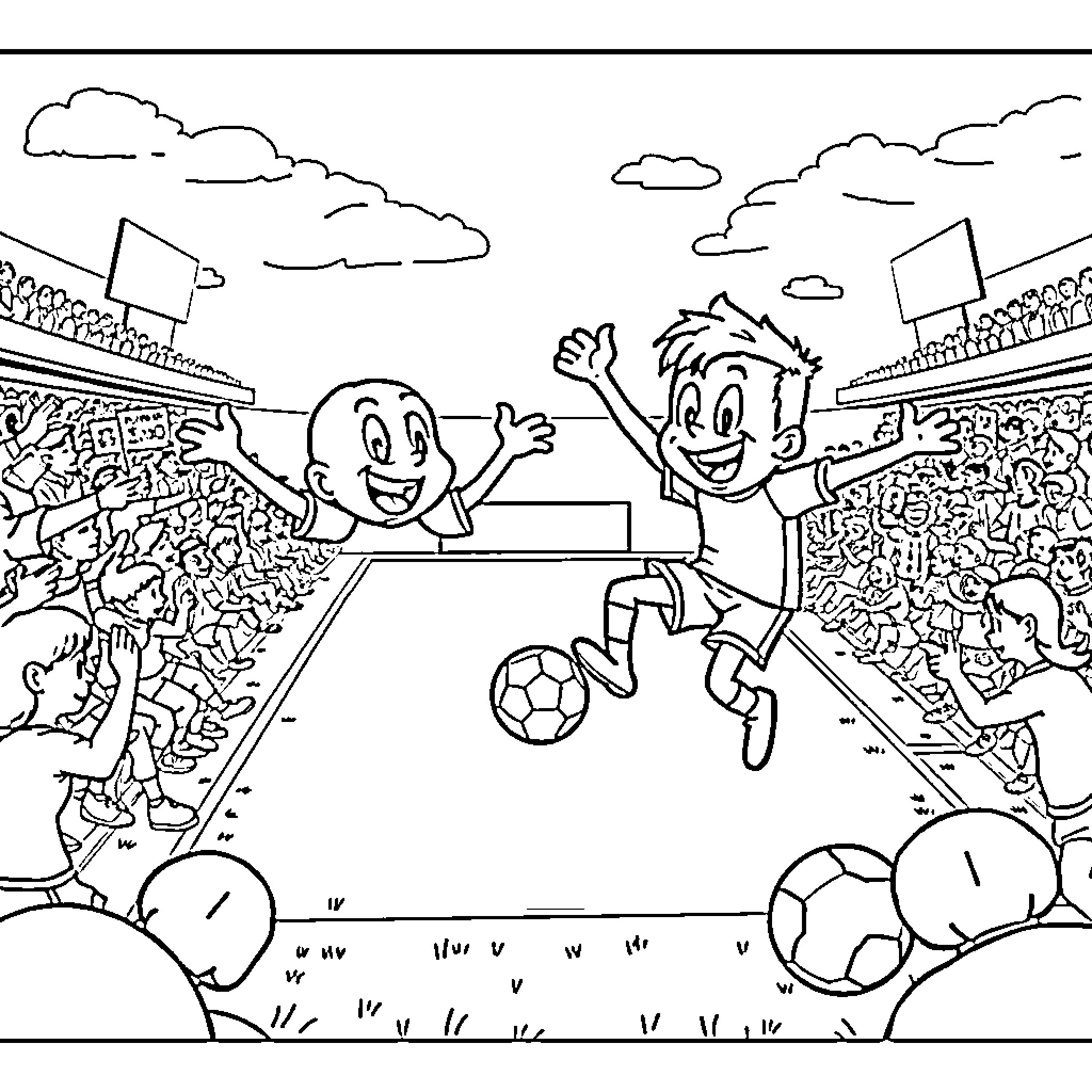 Bingo for winning soccer match in stadium Coloring Page (free black-and-white line drawing printable PDF for all, from beginners to advanced learners, including children, teens, adults, and seniors)