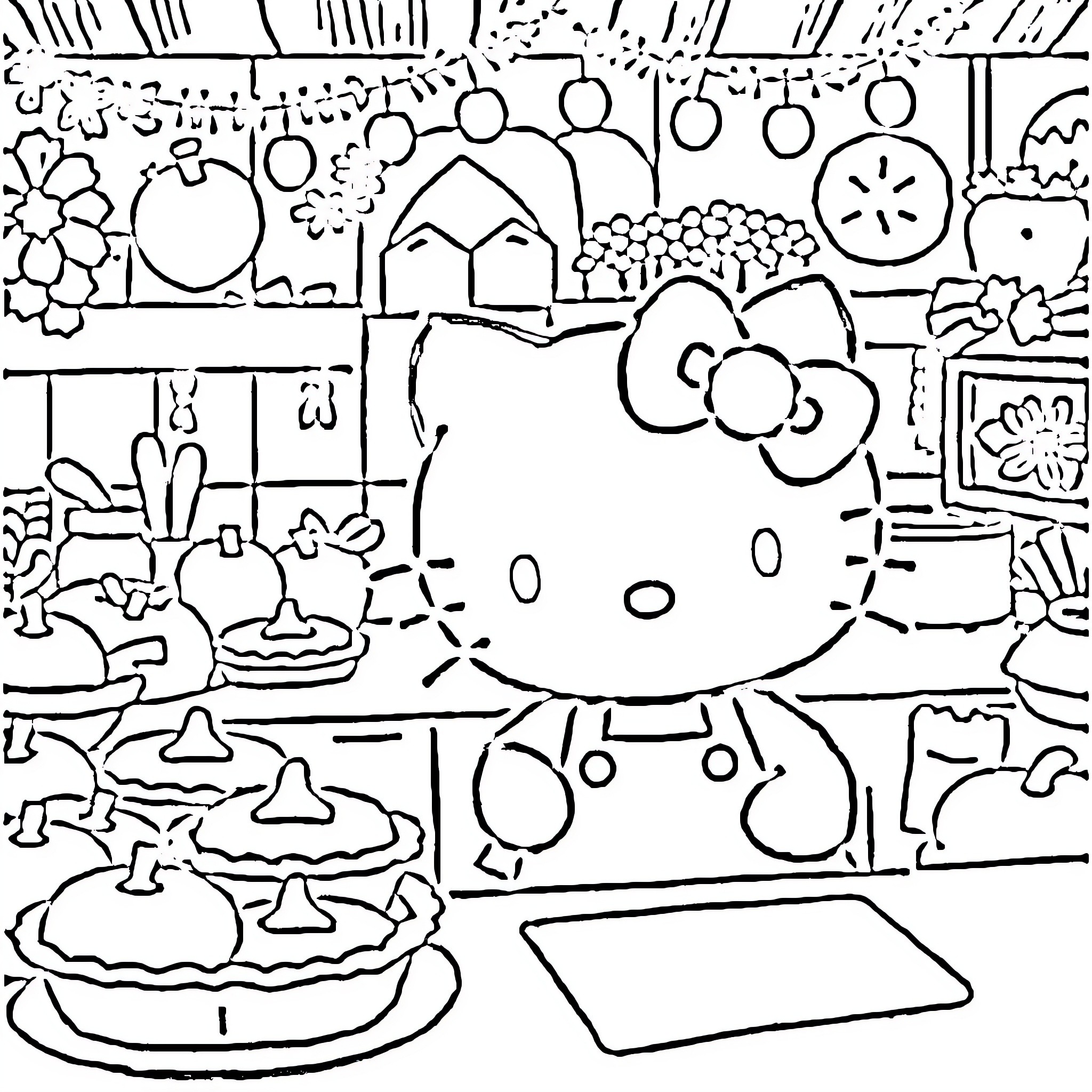 Hello Kitty enjoying a party with friends Coloring Page (free black-and-white line drawing printable PDF for all, from beginners to advanced learners, including children, teens, adults, and seniors)