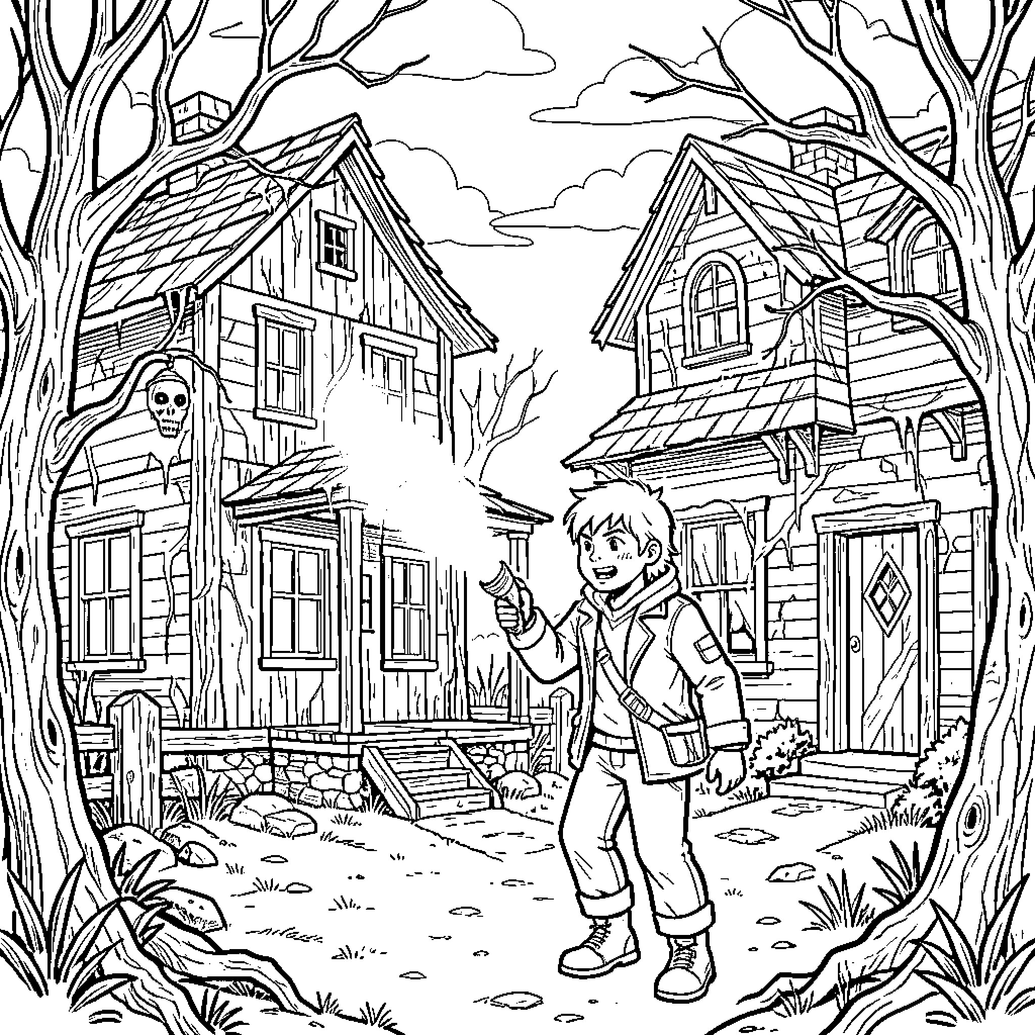 Ghosthunter exploring spooky haunted houses with a flashlight Coloring Page (free black-and-white line drawing printable PDF for all, from beginners to advanced learners, including children, teens, adults, and seniors)