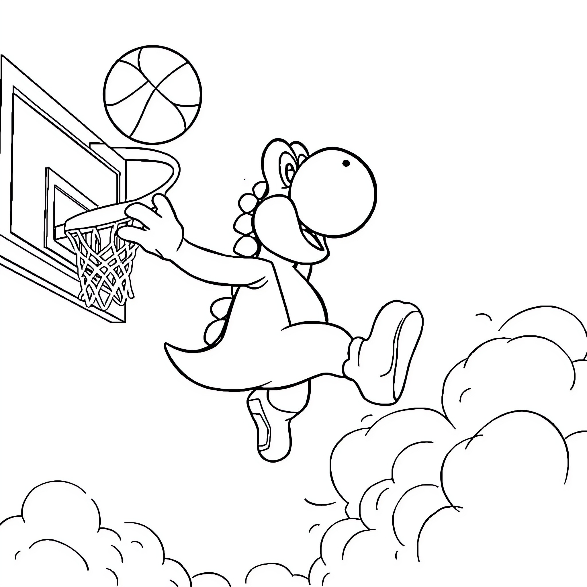 Yoshi's Exciting Basketball Adventure Coloring Page (free black-and-white line drawing printable PDF for all, from beginners to advanced learners, including children, teens, adults, and seniors)