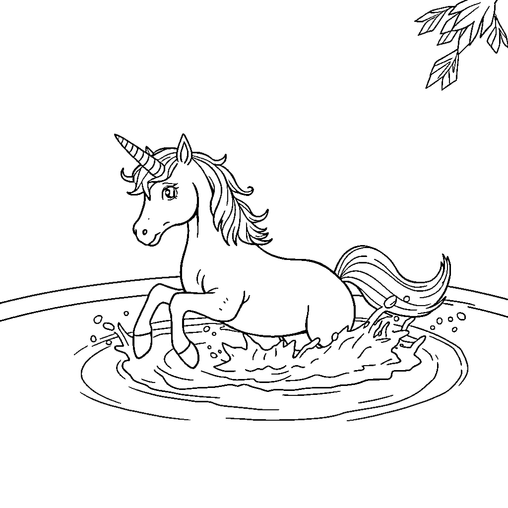 Unicorn splashing happily in a magical pool Coloring Page (free black-and-white line drawing printable PDF for all, from beginners to advanced learners, including children, teens, adults, and seniors)