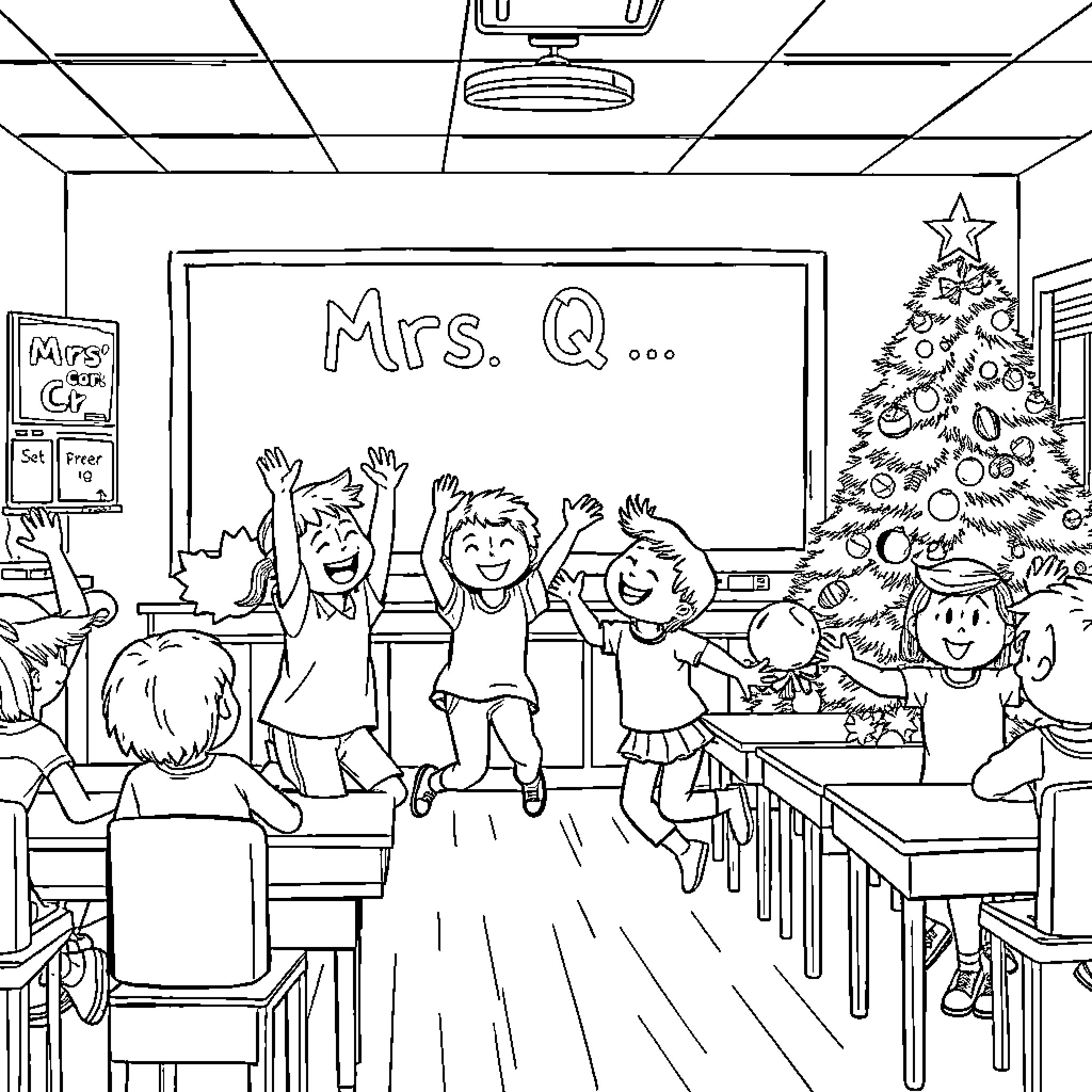 Kids Celebrating in Classroom with Teacher Coloring Page (free black-and-white line drawing printable PDF for all, from beginners to advanced learners, including children, teens, adults, and seniors)