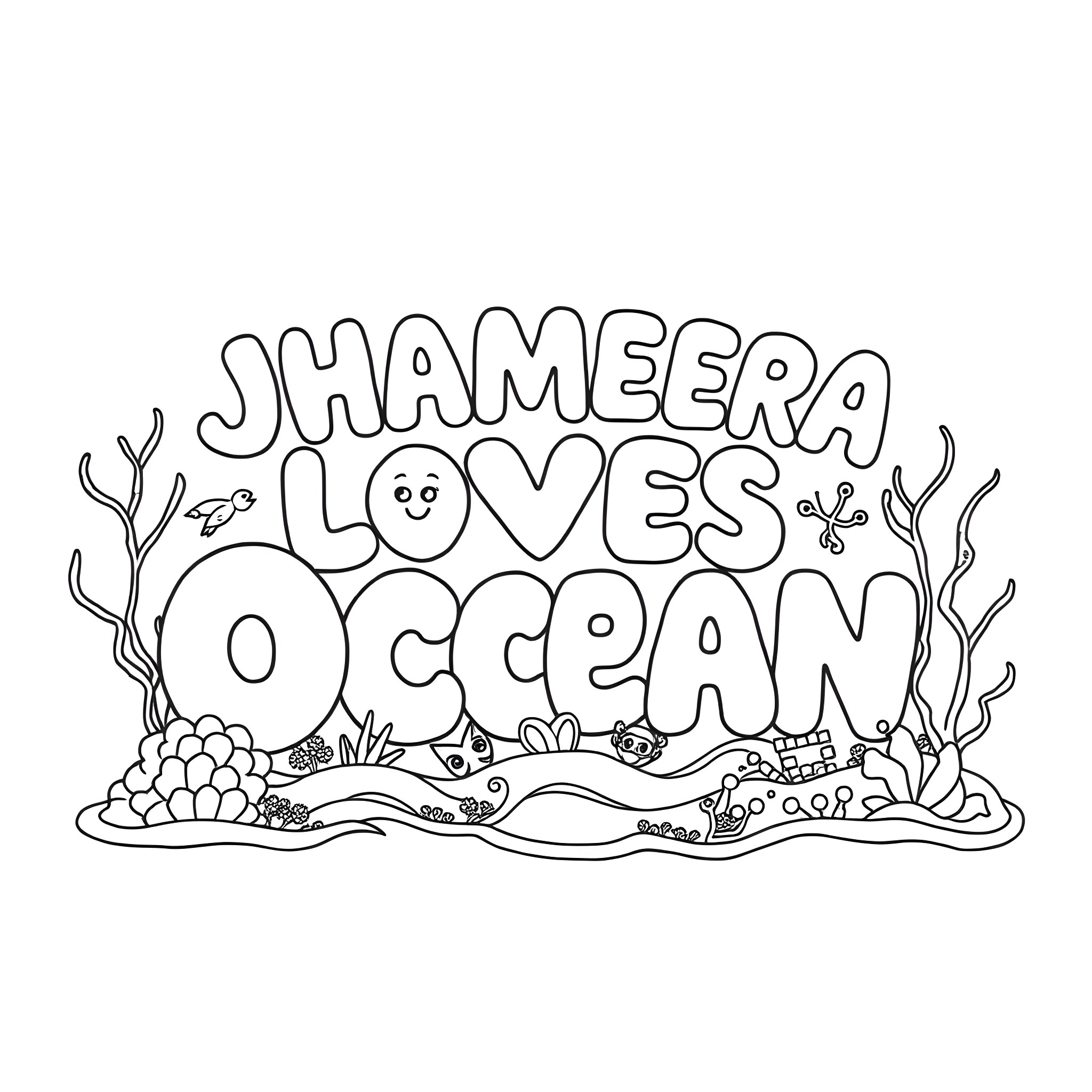Jameera loves the ocean Coloring Page (free black-and-white line drawing printable PDF for all, from beginners to advanced learners, including children, teens, adults, and seniors)
