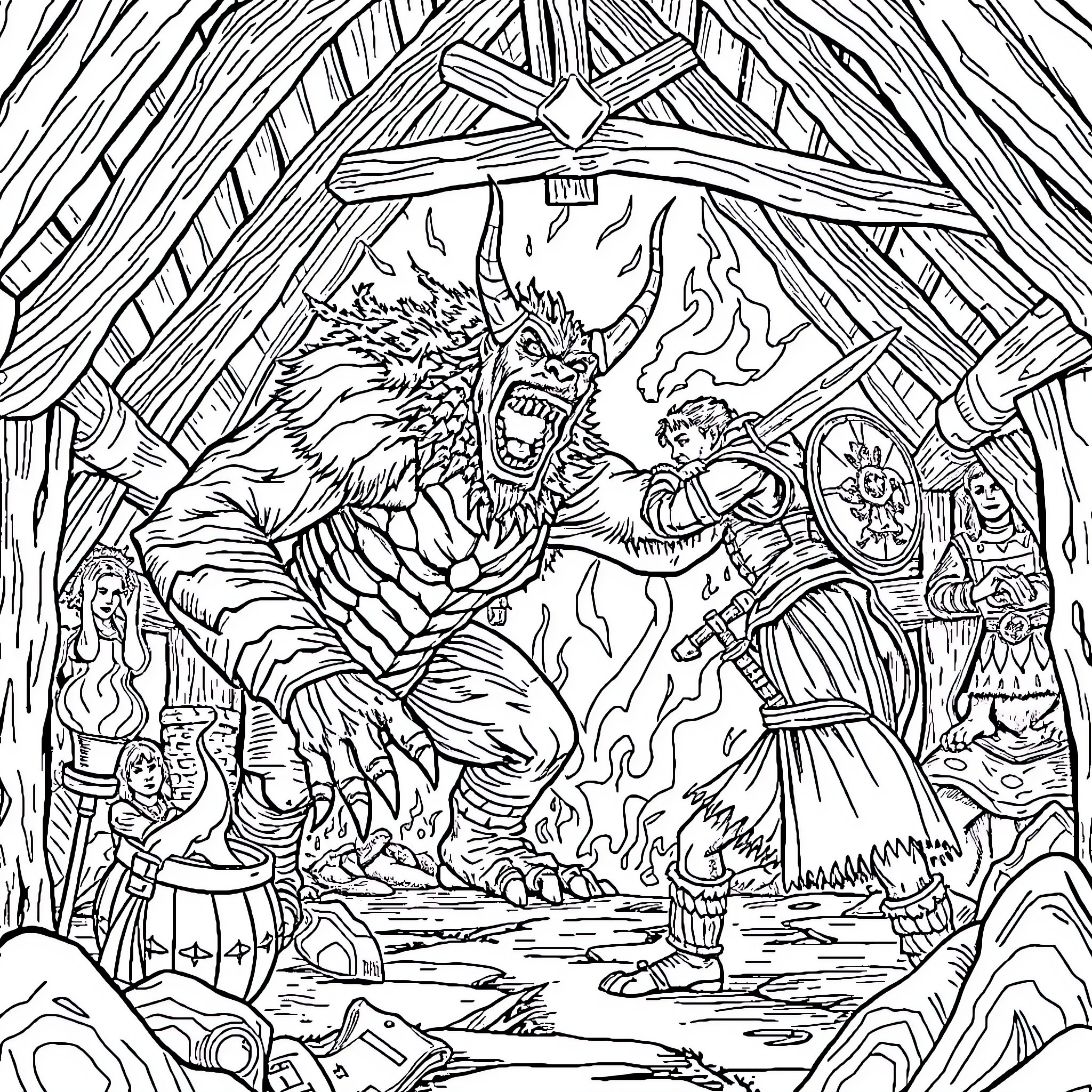 Grendel battling a warrior in a mythical scene Coloring Page (free black-and-white line drawing printable PDF for all, from beginners to advanced learners, including children, teens, adults, and seniors)