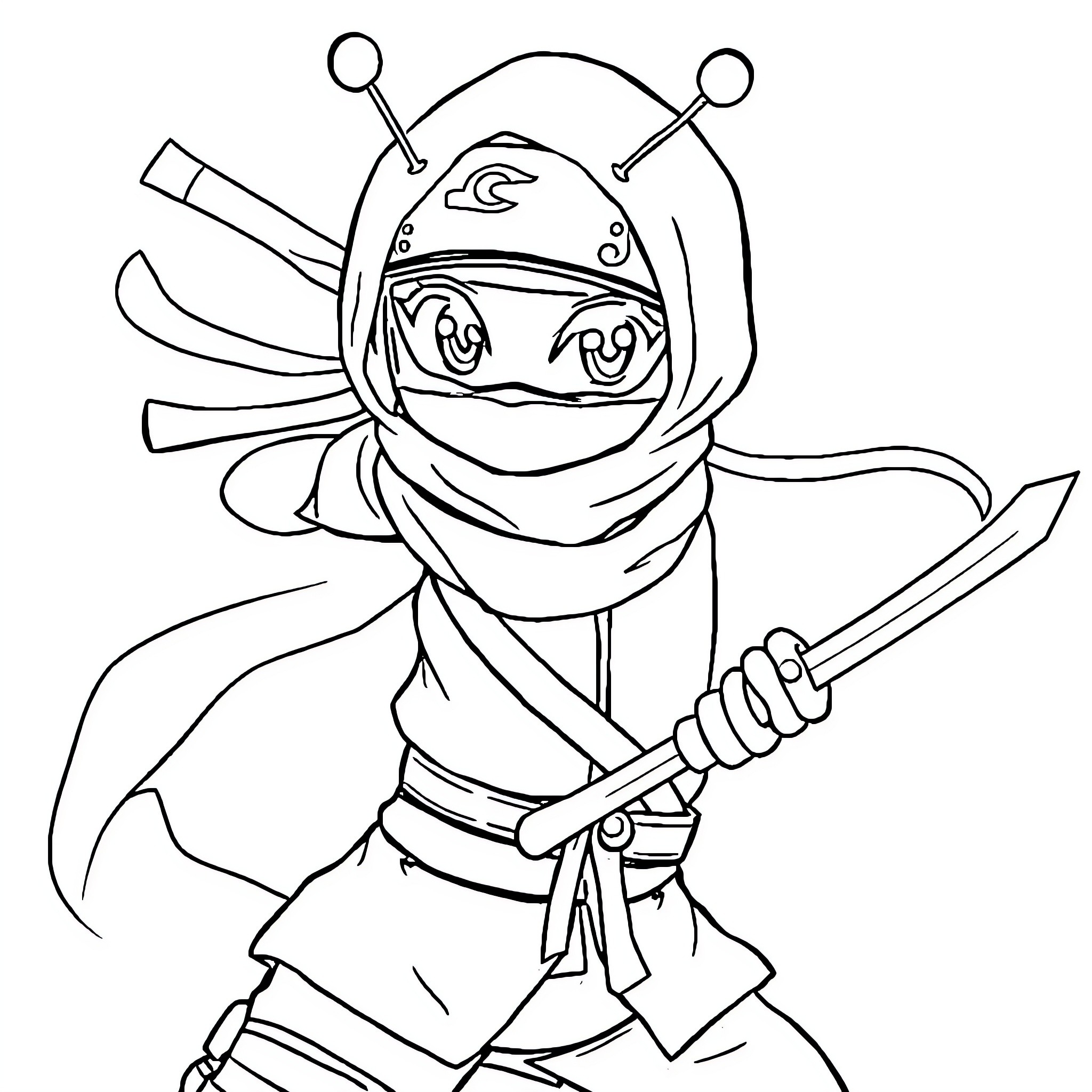 Ladybug ninja warrior ready for battle Coloring Page (free black-and-white line drawing printable PDF for all, from beginners to advanced learners, including children, teens, adults, and seniors)