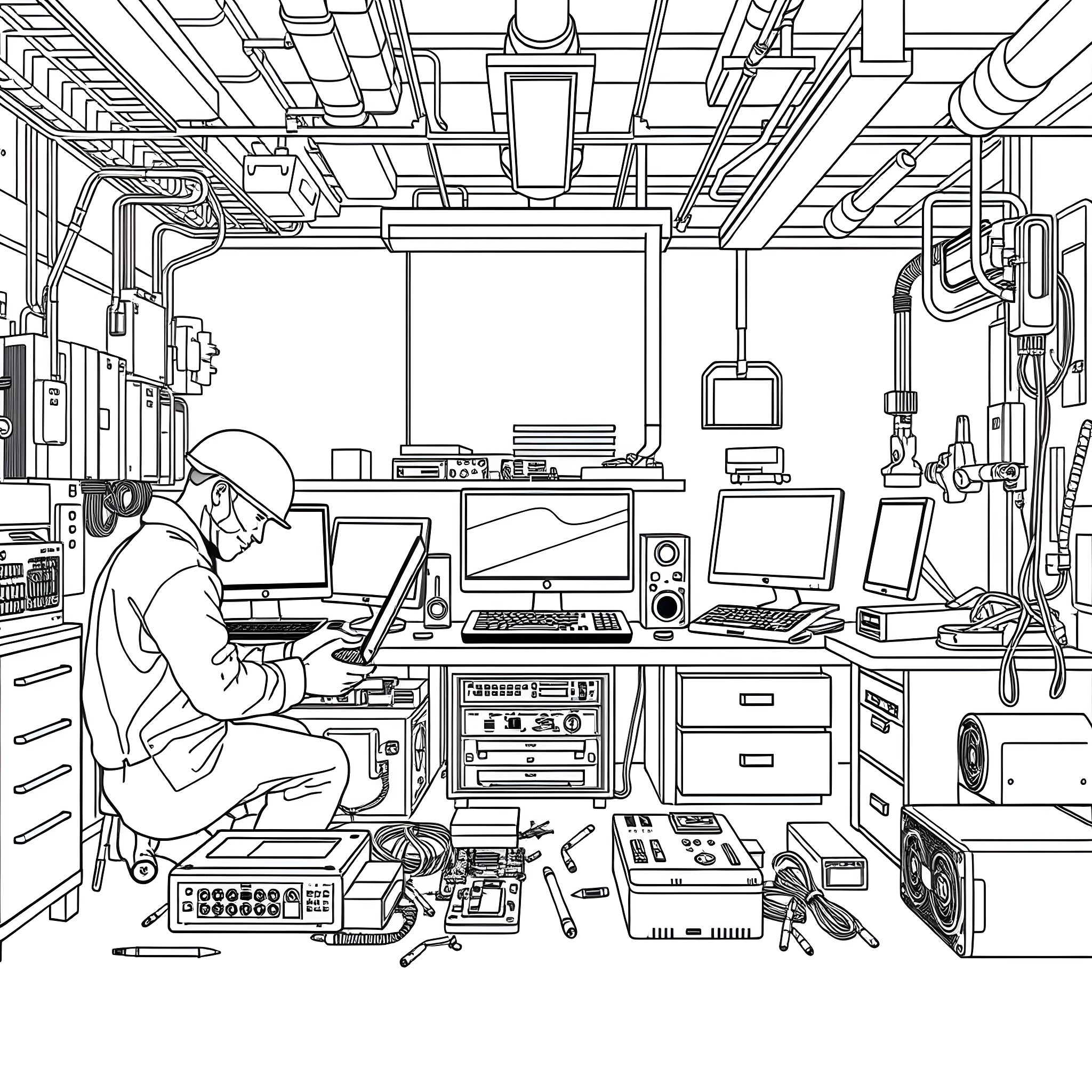 Alary Technologies - Workspace of a Tech Enthusiast Coloring Page (free black-and-white line drawing printable PDF for all, from beginners to advanced learners, including children, teens, adults, and seniors)