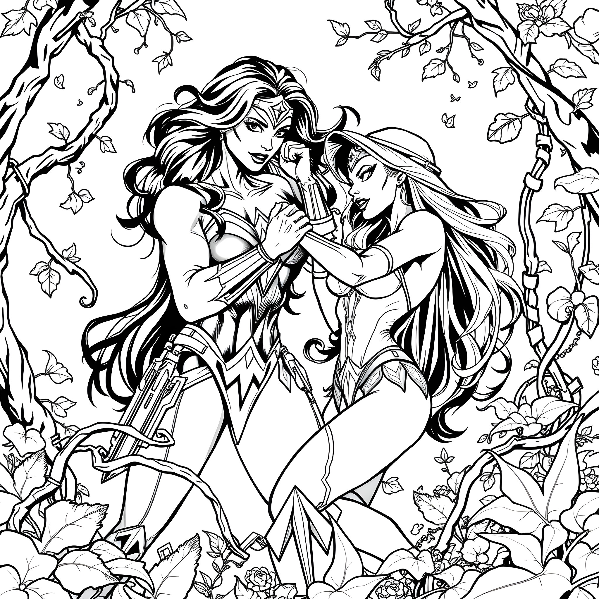 Wonder Woman and her allies in a nature-themed scene Coloring Page (free black-and-white line drawing printable PDF for all, from beginners to advanced learners, including children, teens, adults, and seniors)
