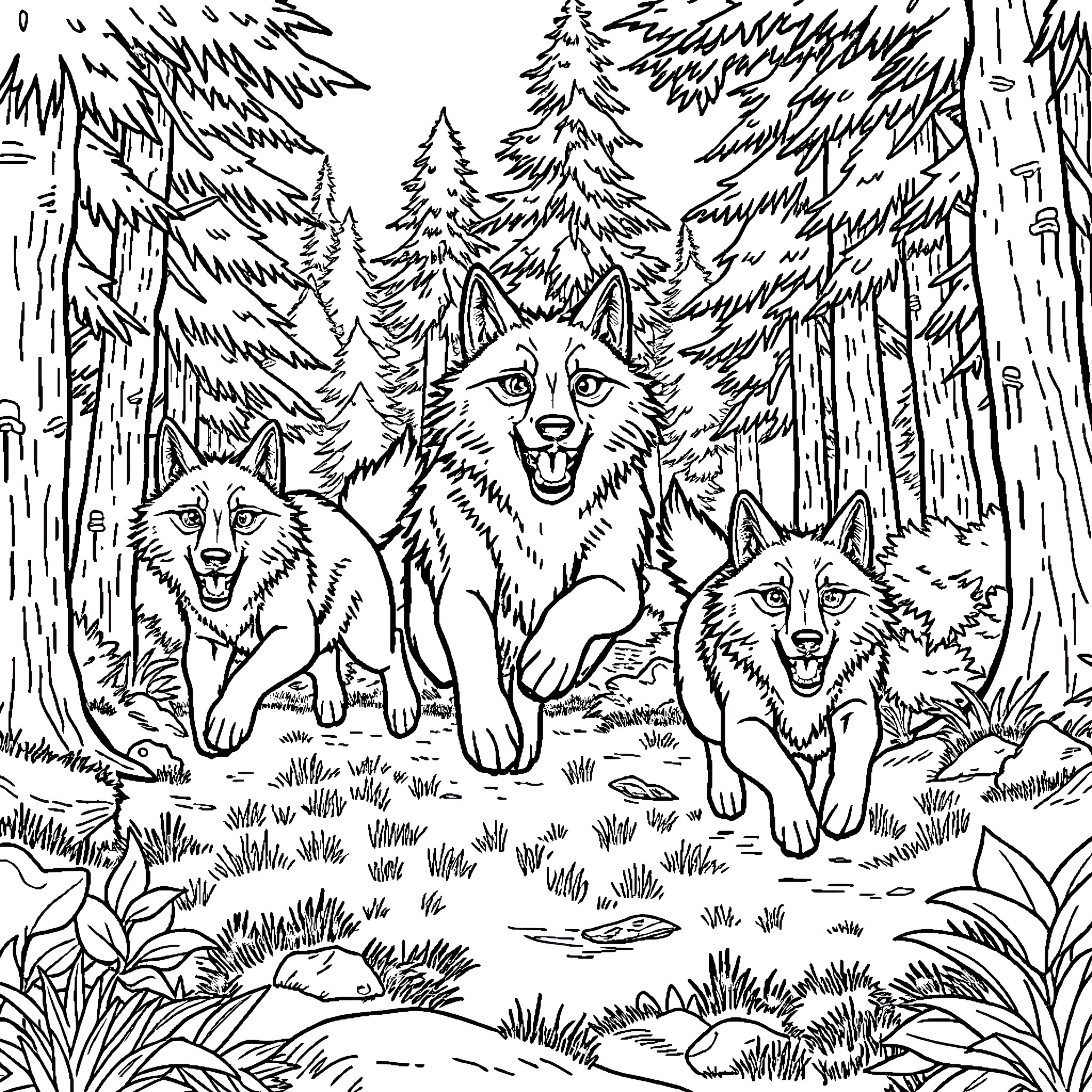 Timberwolves roaming through the wilderness Coloring Page (free black-and-white line drawing printable PDF for all, from beginners to advanced learners, including children, teens, adults, and seniors)