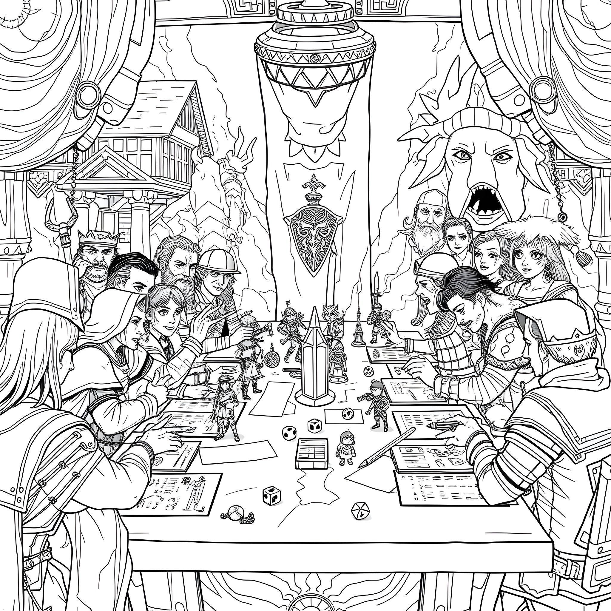 D&D Characters Gathered for an Adventure Coloring Page (free black-and-white line drawing printable PDF for all, from beginners to advanced learners, including children, teens, adults, and seniors)