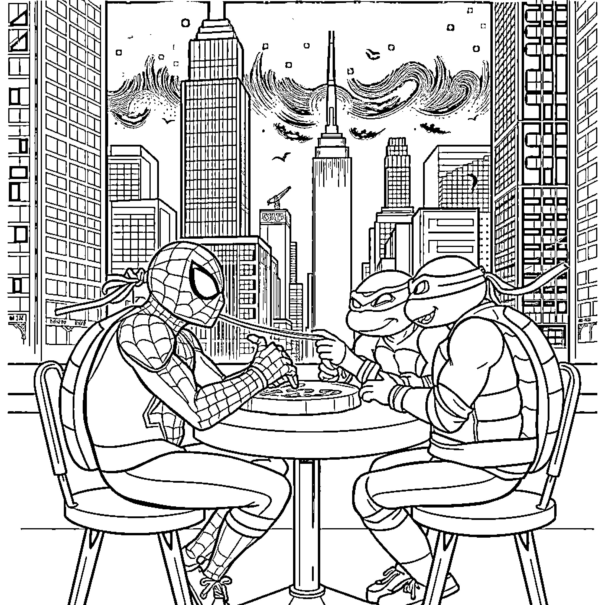 Spiderman and Teenage Mutant Ninja Turtles enjoying city scenery Coloring Page (free black-and-white line drawing printable PDF for all, from beginners to advanced learners, including children, teens, adults, and seniors)