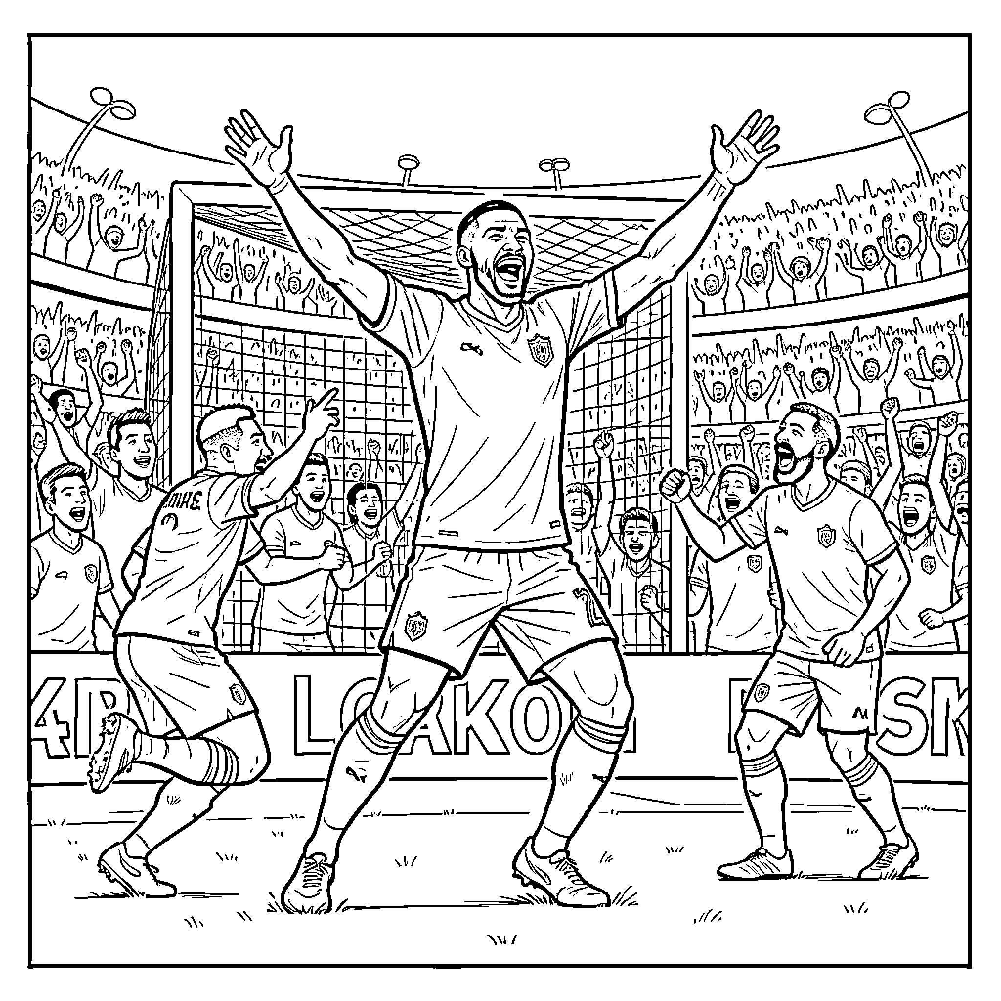Lukaku celebrating a goal with teammates and fans Coloring Page (free black-and-white line drawing printable PDF for all, from beginners to advanced learners, including children, teens, adults, and seniors)