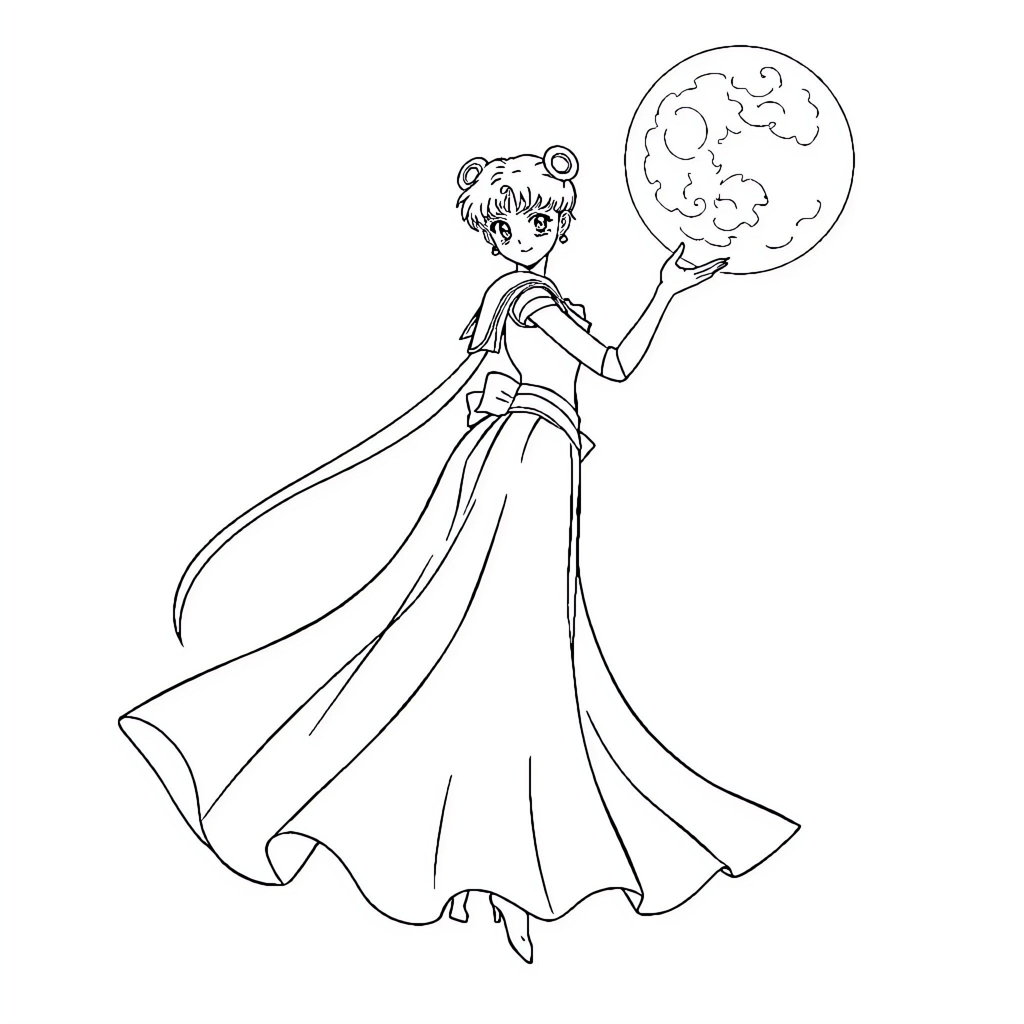Sailor Moon Twirling Magical Moon Ball Coloring Page (free black-and-white line drawing printable PDF for all, from beginners to advanced learners, including children, teens, adults, and seniors)