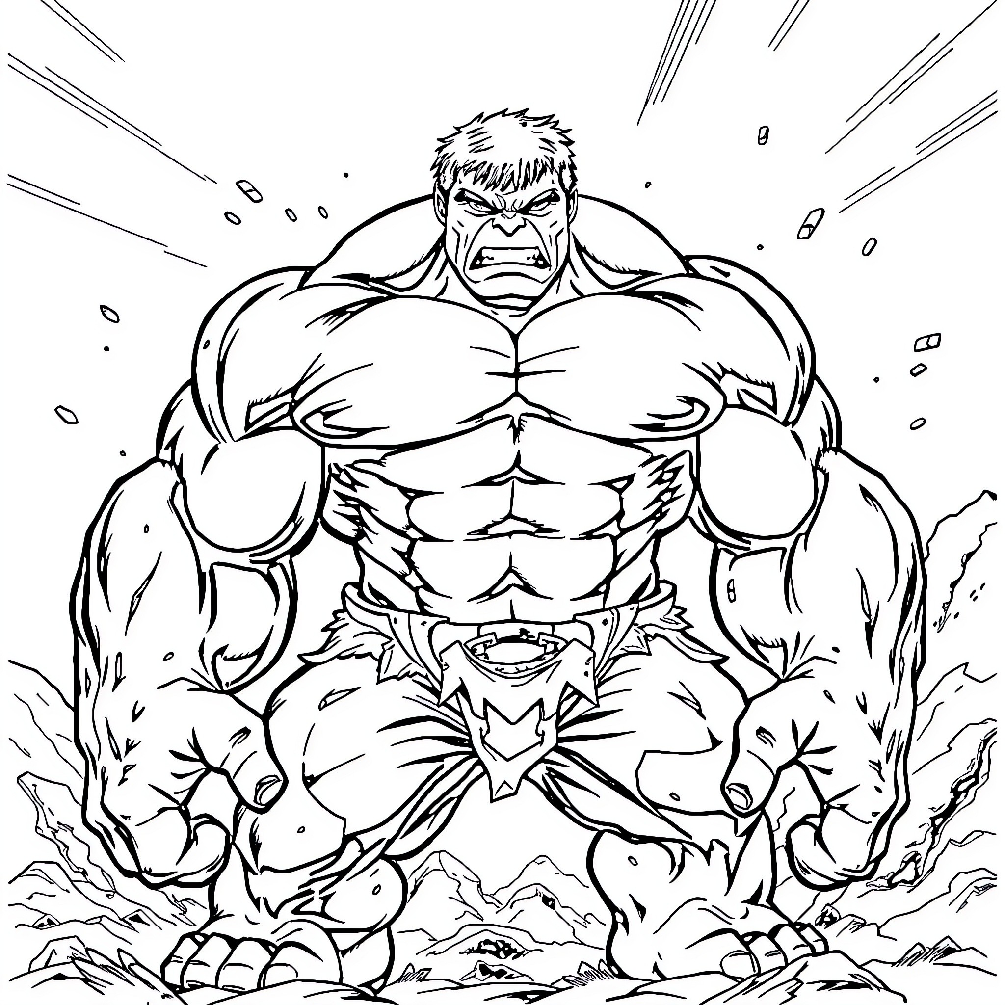 Hulk Unleashes Powerful Rage in Dramatic Pose Coloring Page (free black-and-white line drawing printable PDF for all, from beginners to advanced learners, including children, teens, adults, and seniors)