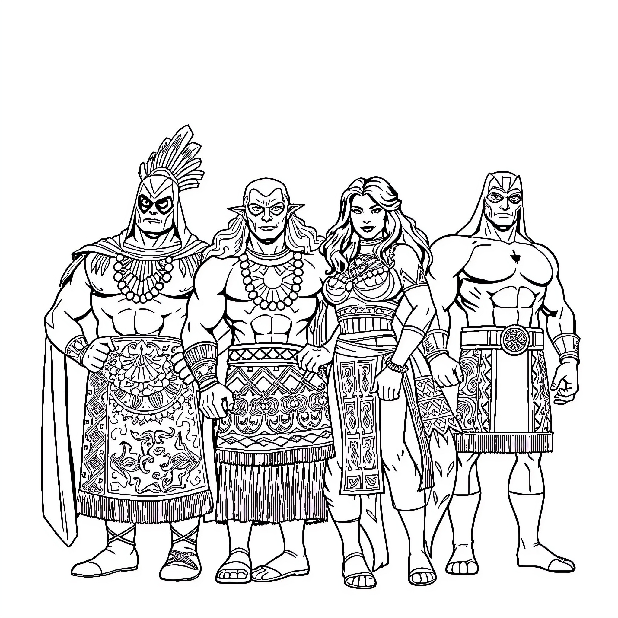 Superhero team in vibrant tribal outfits Coloring Page (free black-and-white line drawing printable PDF for all, from beginners to advanced learners, including children, teens, adults, and seniors)