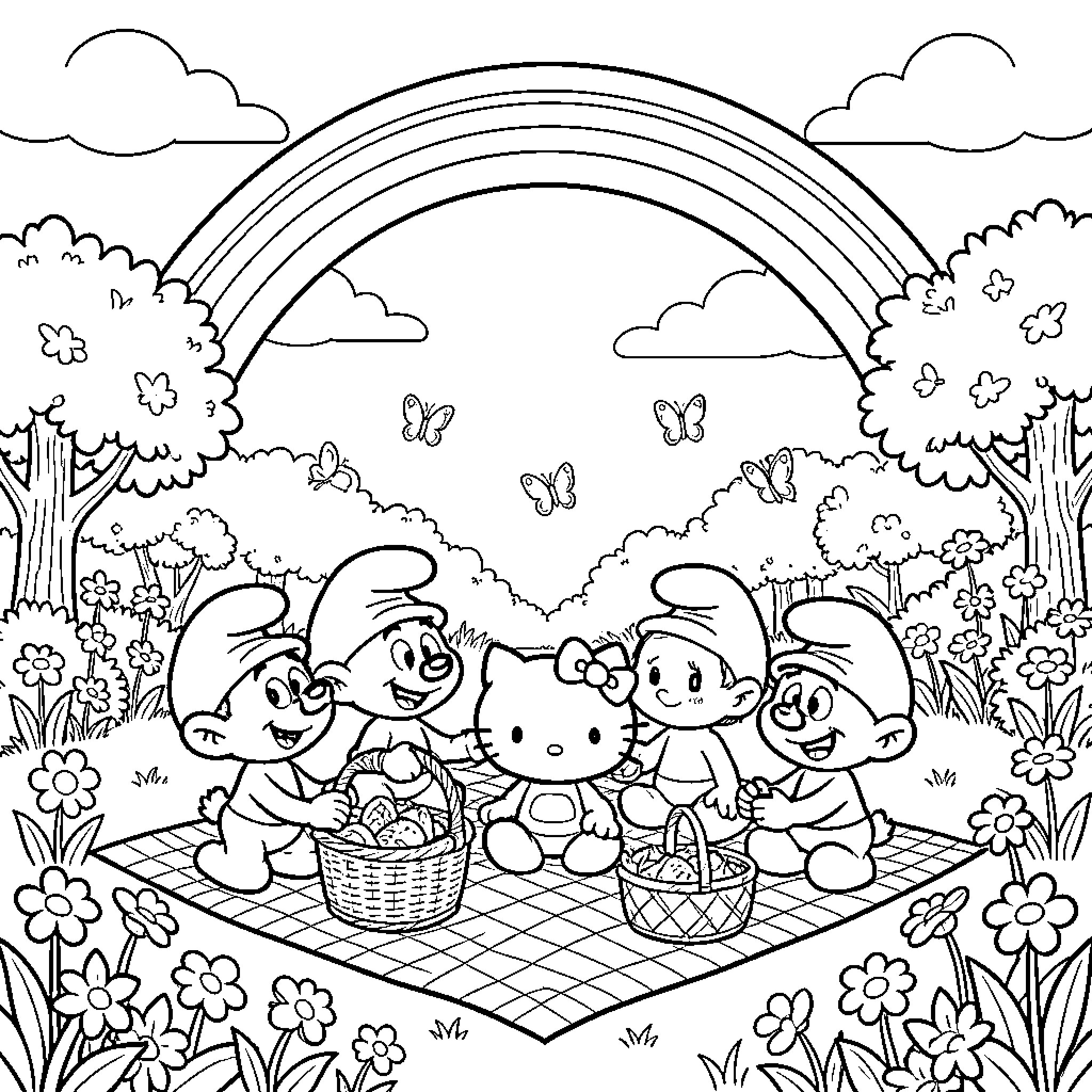 Smurfs Enjoying a Picnic in a Vibrant Forest Coloring Page (free black-and-white line drawing printable PDF for all, from beginners to advanced learners, including children, teens, adults, and seniors)