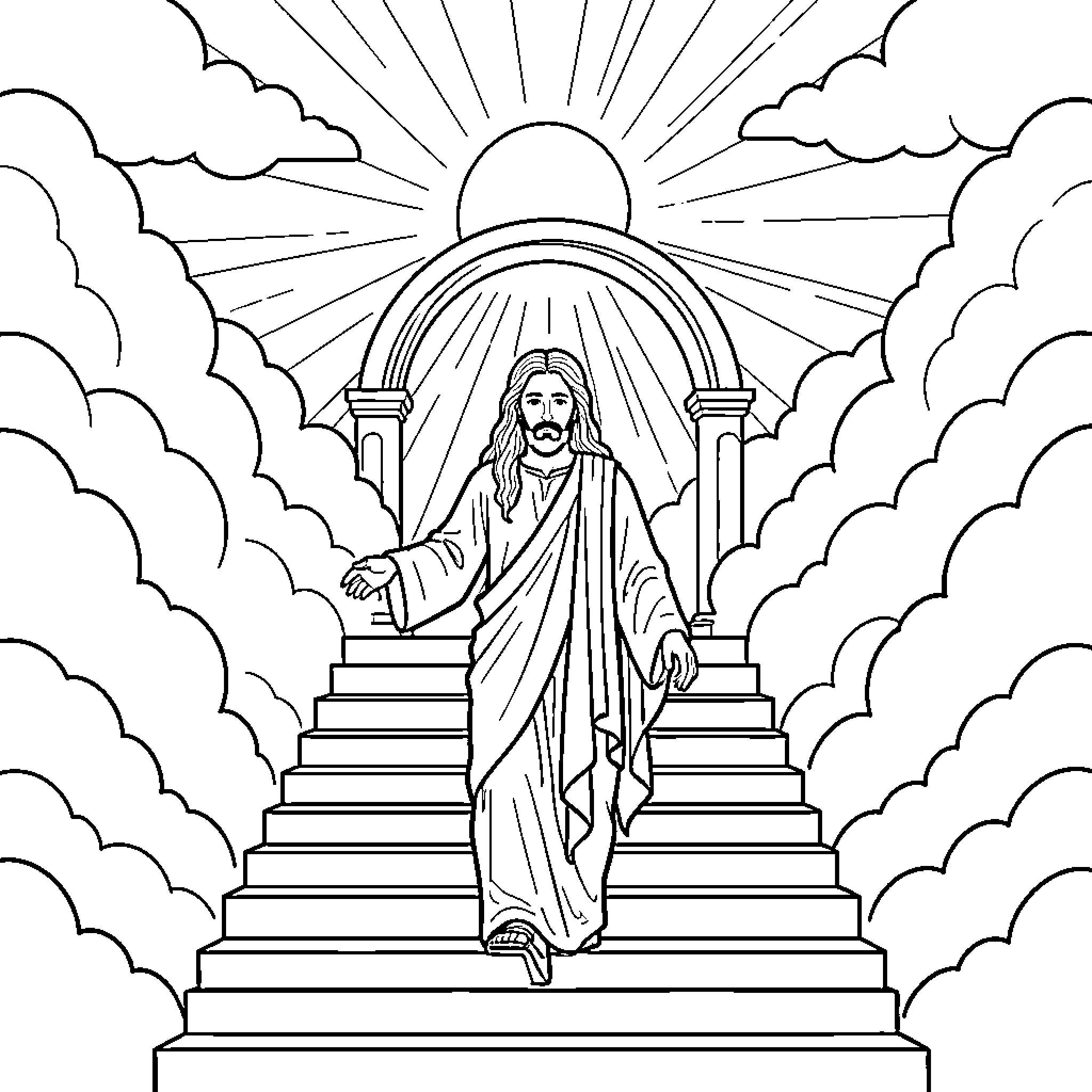 Jesosy walking down steps from heaven through clouds Coloring Page (free black-and-white line drawing printable PDF for all, from beginners to advanced learners, including children, teens, adults, and seniors)
