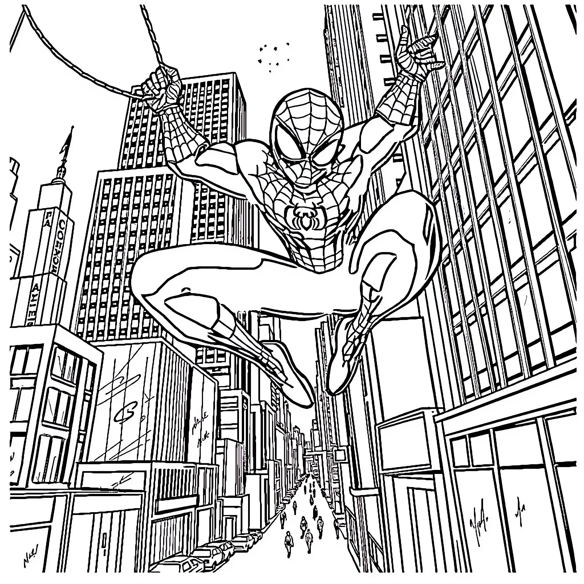 Spider-Man swinging through the city skyline Coloring Page (free black-and-white line drawing printable PDF for all, from beginners to advanced learners, including children, teens, adults, and seniors)