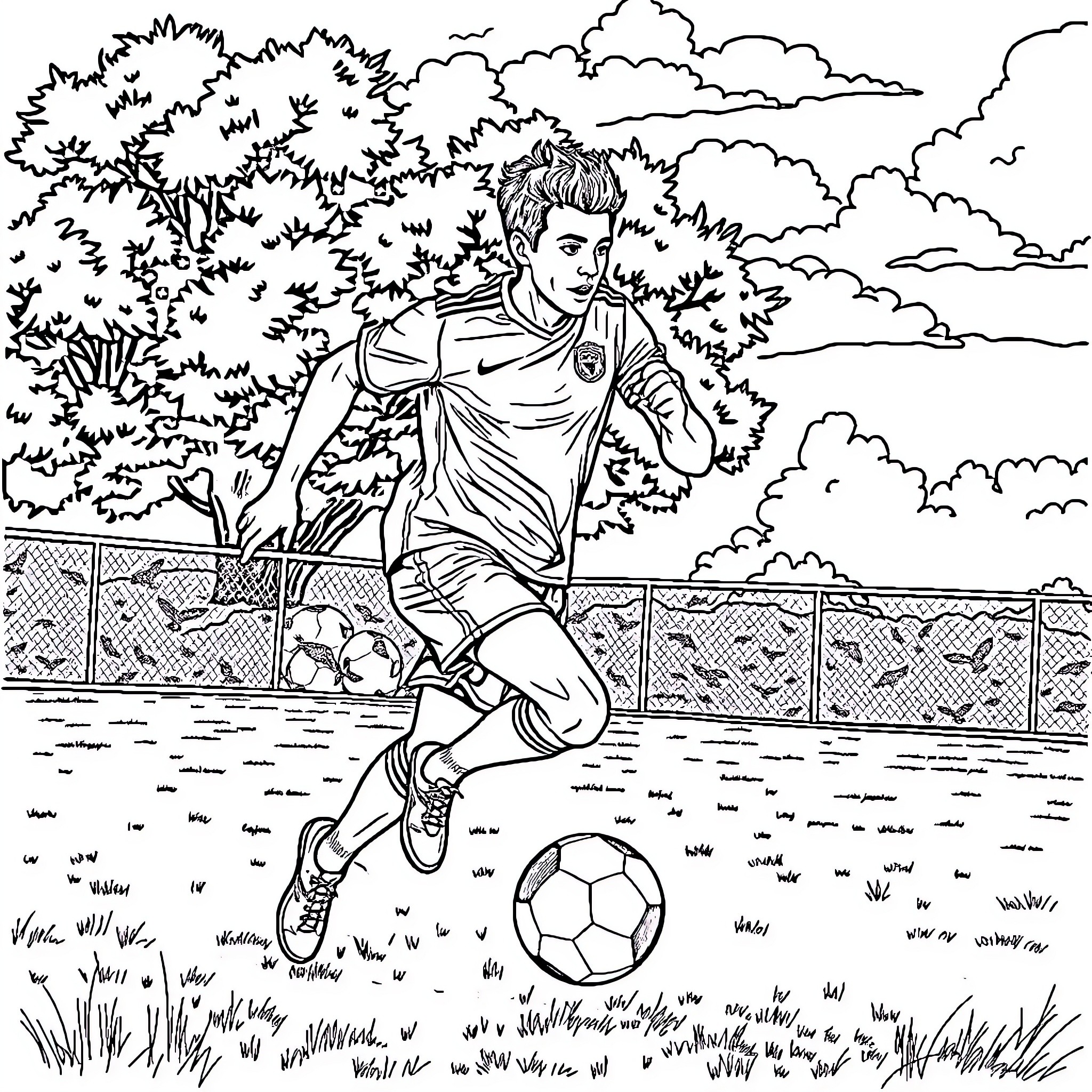 Body of a soccer player on field Coloring Page (free black-and-white line drawing printable PDF for all, from beginners to advanced learners, including children, teens, adults, and seniors)
