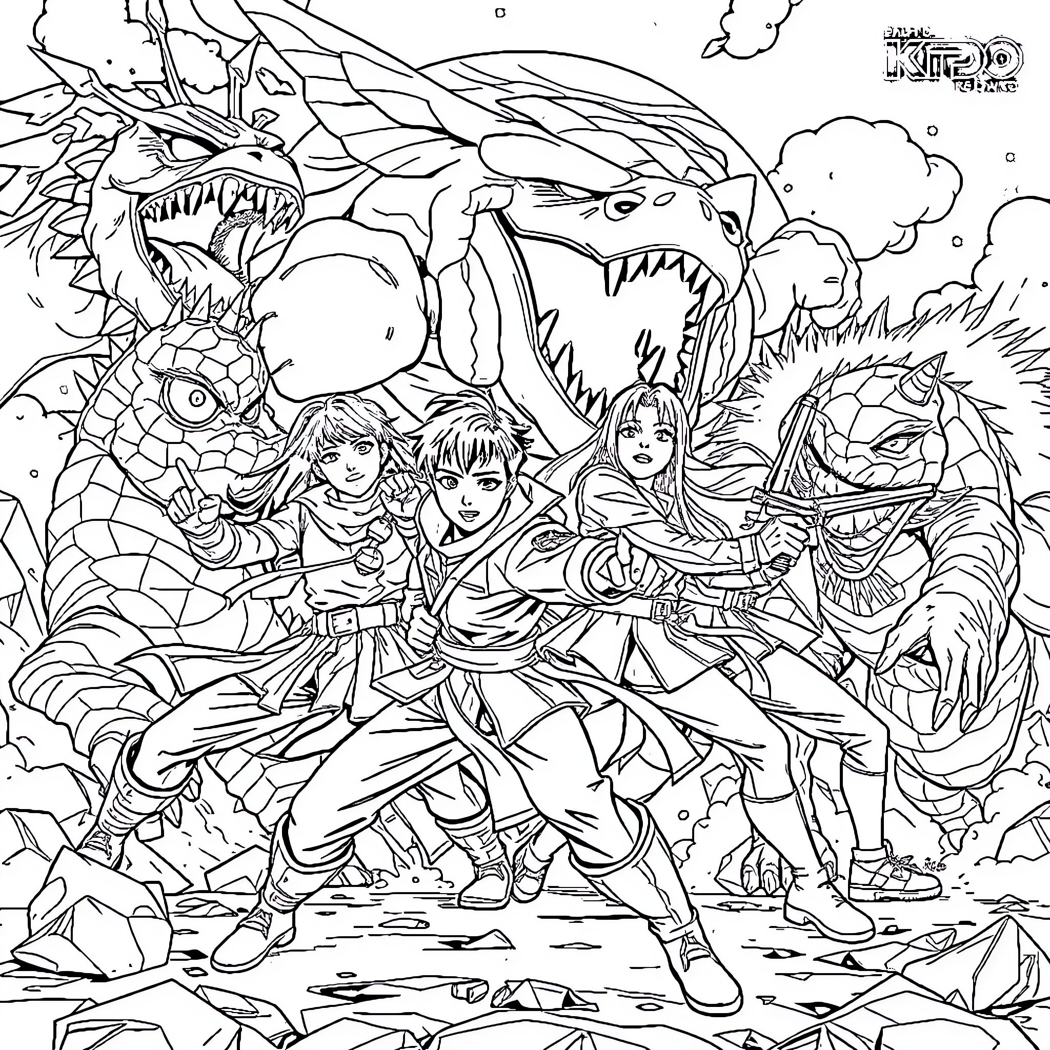 Kpop Group in Epic Battle with Fantastical Creatures Coloring Page (free black-and-white line drawing printable PDF for all, from beginners to advanced learners, including children, teens, adults, and seniors)