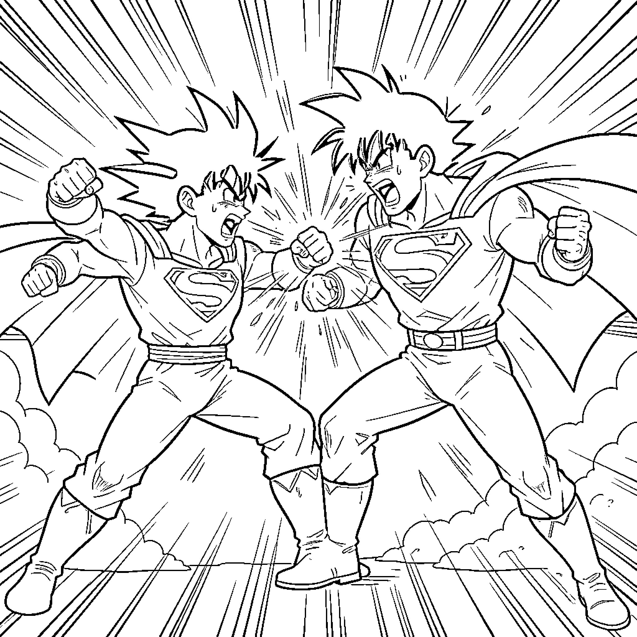 Songoku fighting a powerful hero in an epic battle Coloring Page (free black-and-white line drawing printable PDF for all, from beginners to advanced learners, including children, teens, adults, and seniors)