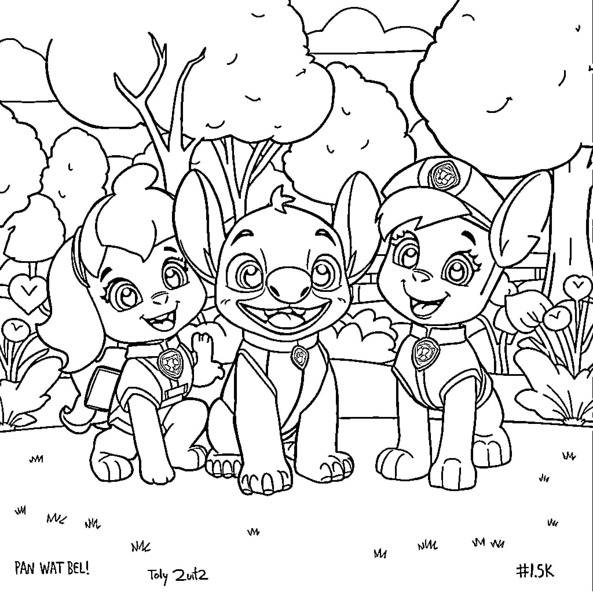 Paw Patrol pups exploring the outdoors Coloring Page (free black-and-white line drawing printable PDF for all, from beginners to advanced learners, including children, teens, adults, and seniors)