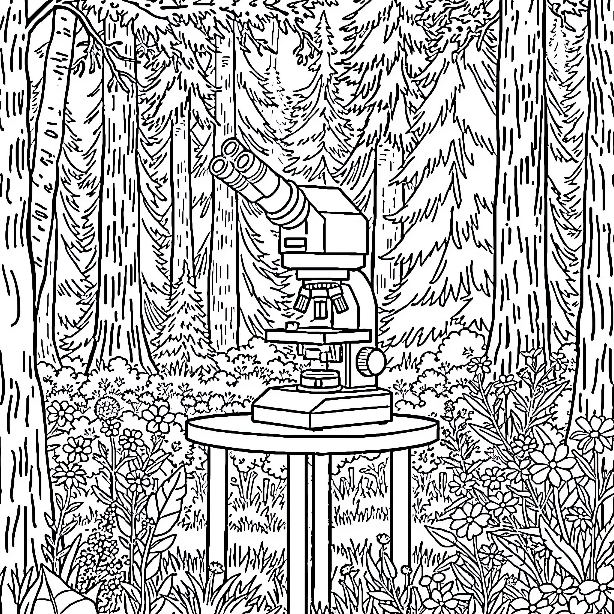 Microscope in the Enchanted Forest Coloring Page (free black-and-white line drawing printable PDF for all, from beginners to advanced learners, including children, teens, adults, and seniors)