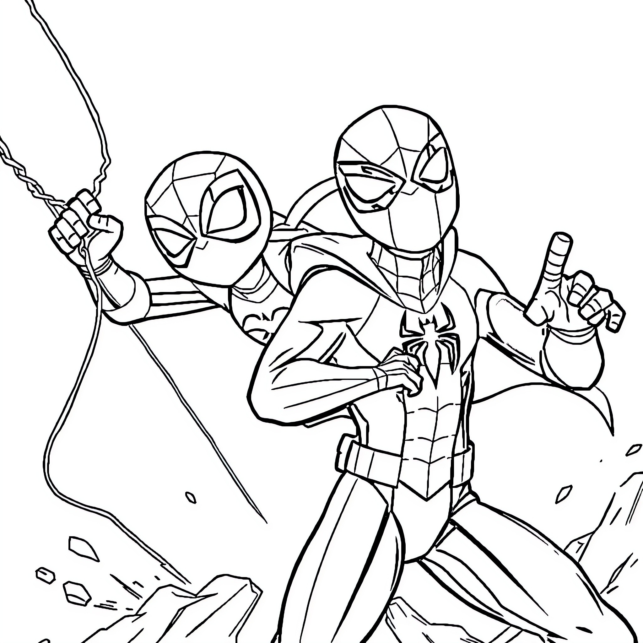 Paw Patrol Spider-Man swinging into action Coloring Page (free black-and-white line drawing printable PDF for all, from beginners to advanced learners, including children, teens, adults, and seniors)