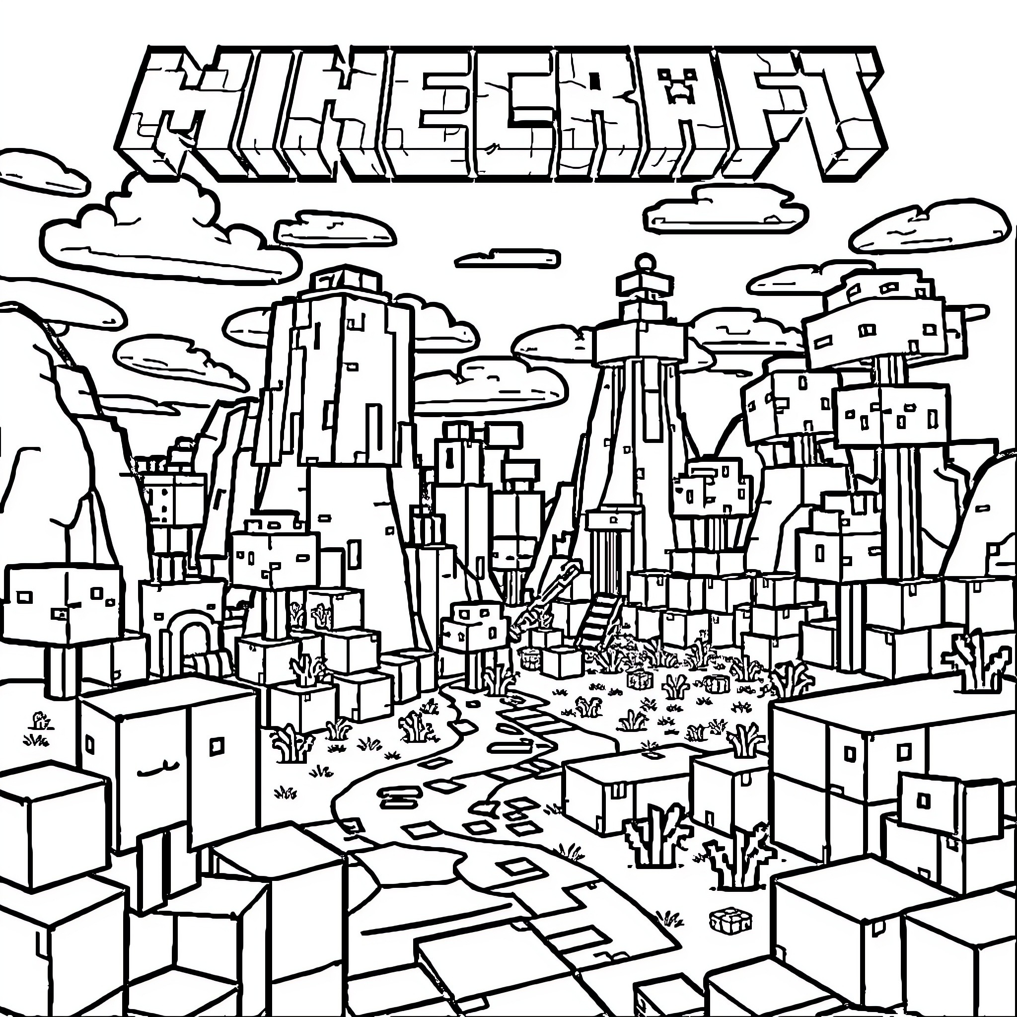 Minecraft city with towers and landscape Coloring Page (free black-and-white line drawing printable PDF for all, from beginners to advanced learners, including children, teens, adults, and seniors)