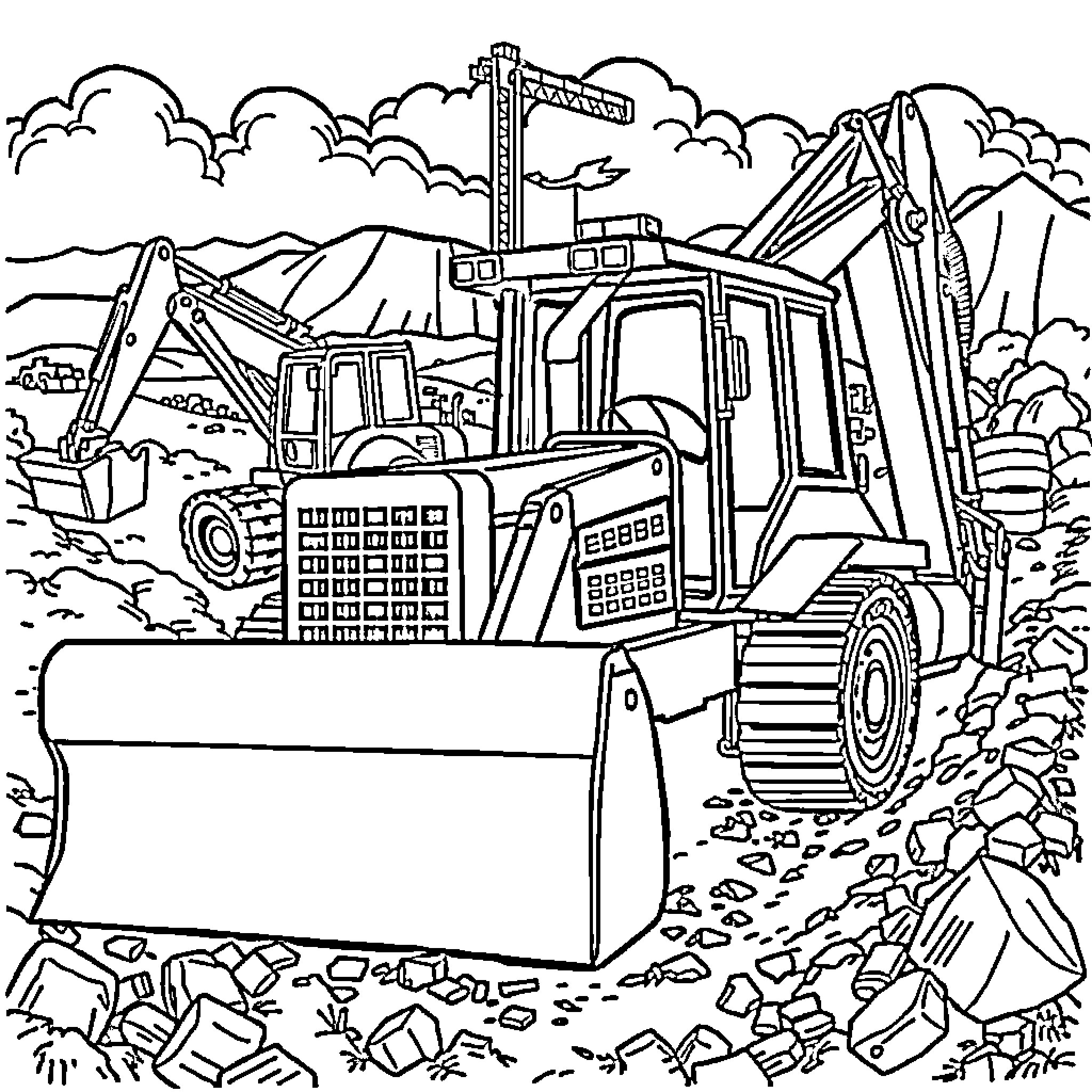 Construction Vehicle at Work on Site Coloring Page (free black-and-white line drawing printable PDF for all, from beginners to advanced learners, including children, teens, adults, and seniors)