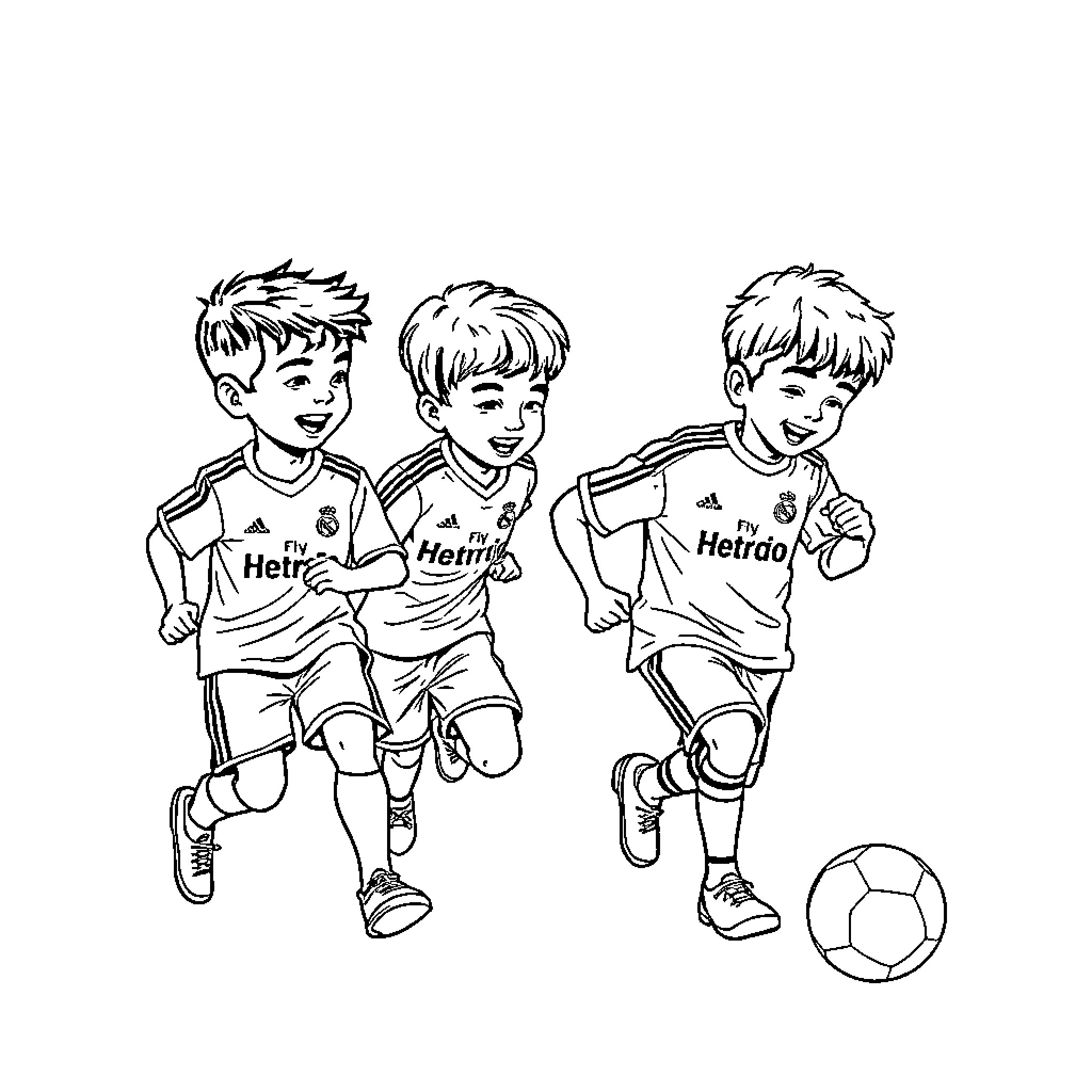Niño Playing Soccer with Friends Coloring Page (free black-and-white line drawing printable PDF for all, from beginners to advanced learners, including children, teens, adults, and seniors)