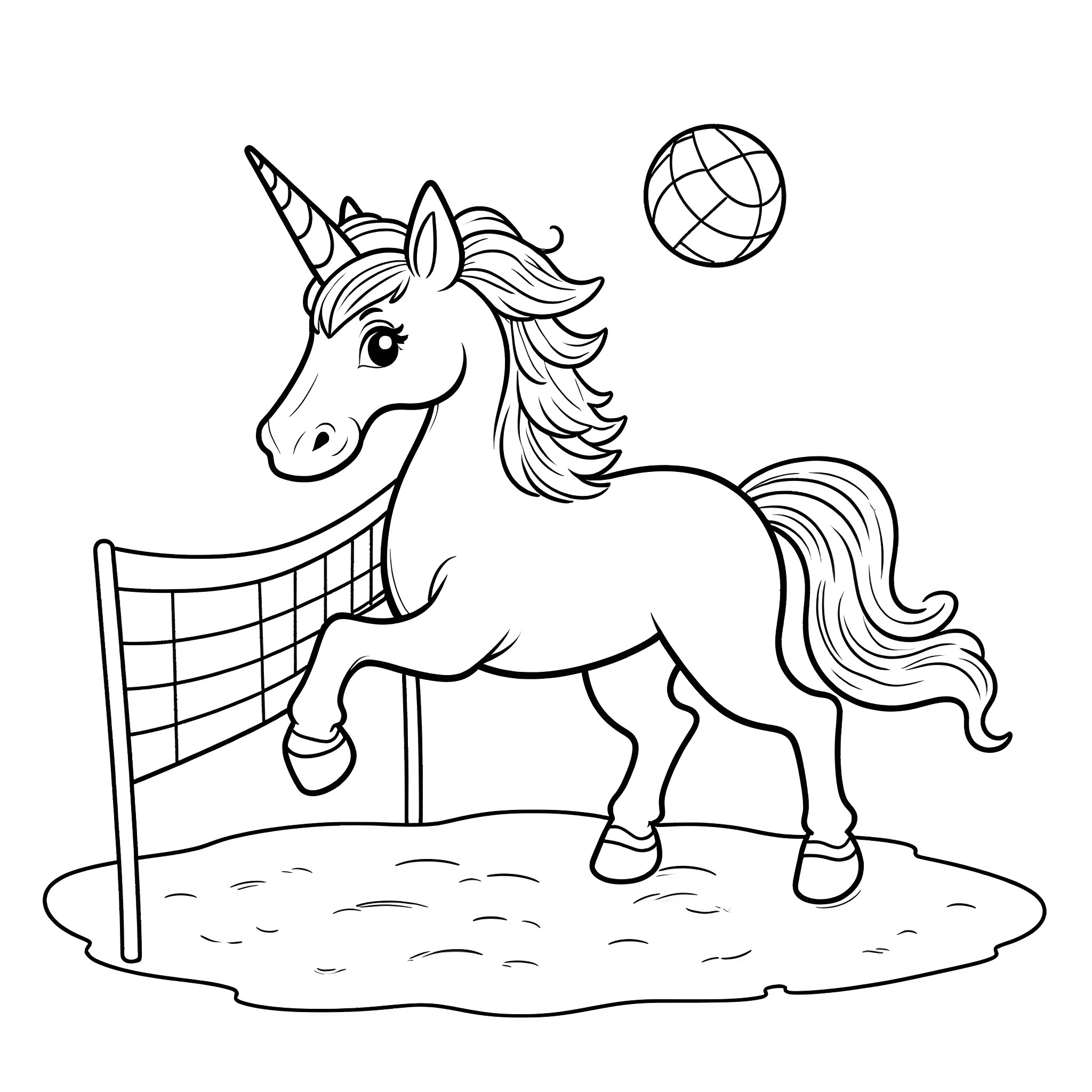 Unicorn playing happily with volleyball on the field Coloring Page (free black-and-white line drawing printable PDF for all, from beginners to advanced learners, including children, teens, adults, and seniors)