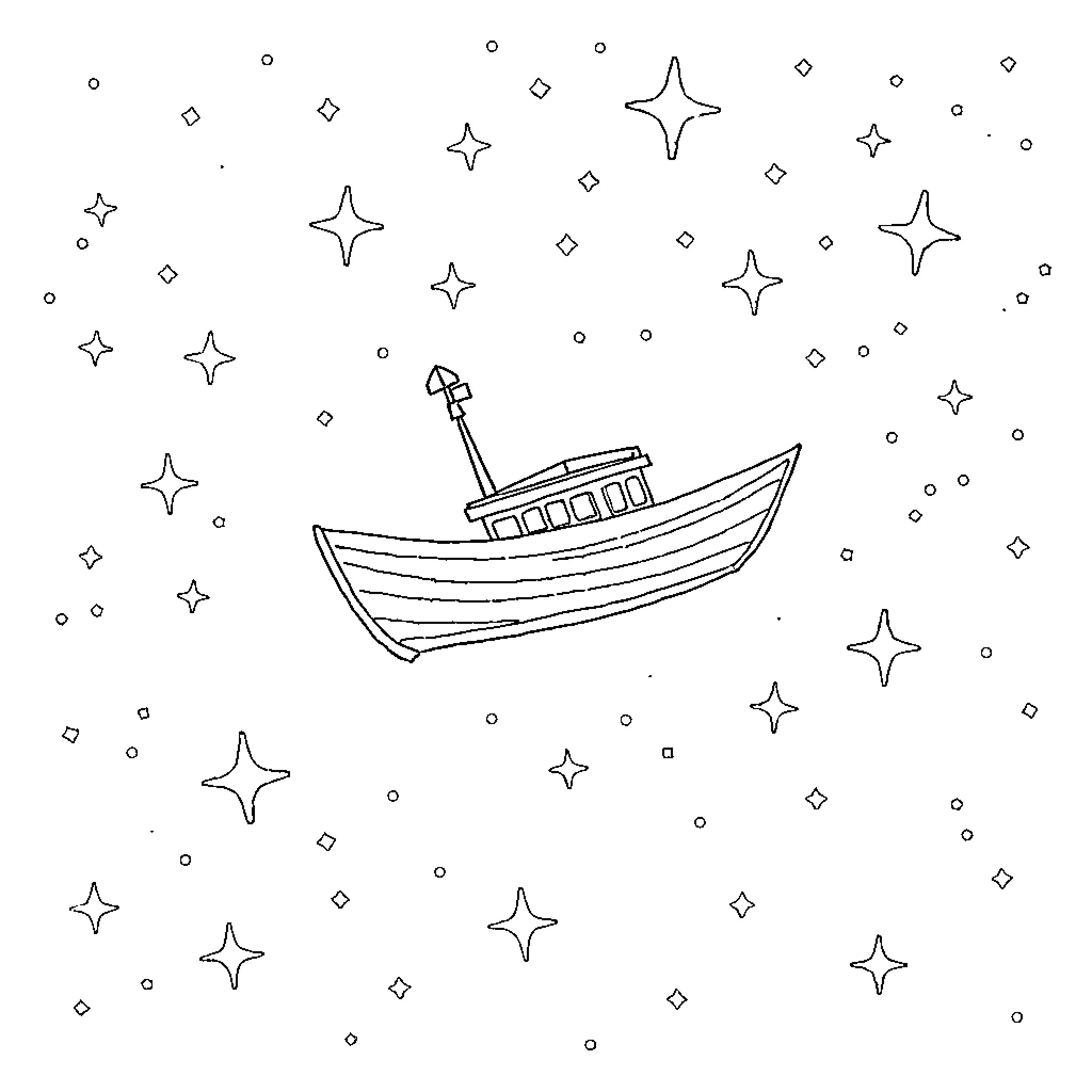 Boat sailing in starry night sky Coloring Page (free black-and-white line drawing printable PDF for all, from beginners to advanced learners, including children, teens, adults, and seniors)