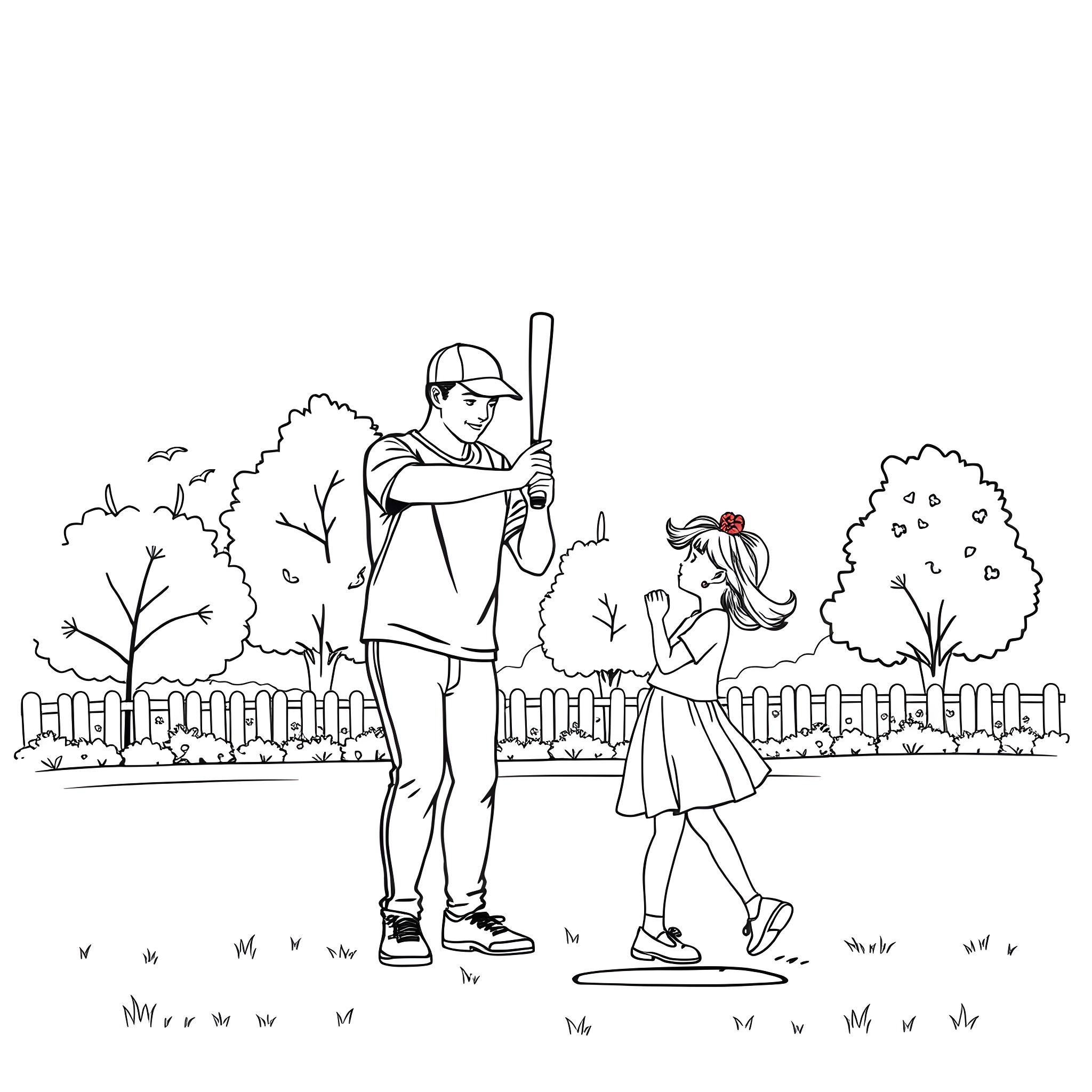 Father and daughter playing baseball in the park Coloring Page (free black-and-white line drawing printable PDF for all, from beginners to advanced learners, including children, teens, adults, and seniors)