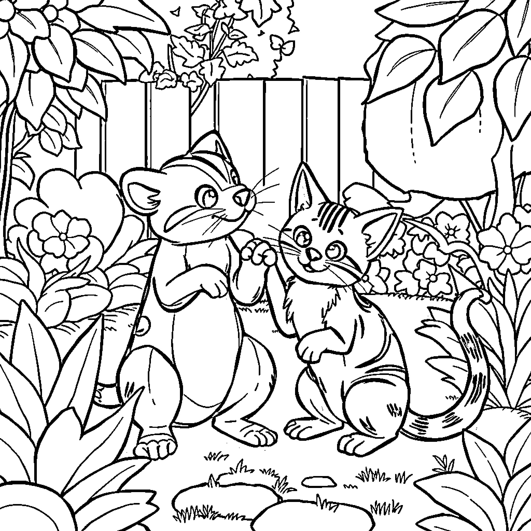 Dog and Cat Playing in the Garden Coloring Page (free black-and-white line drawing printable PDF for all, from beginners to advanced learners, including children, teens, adults, and seniors)